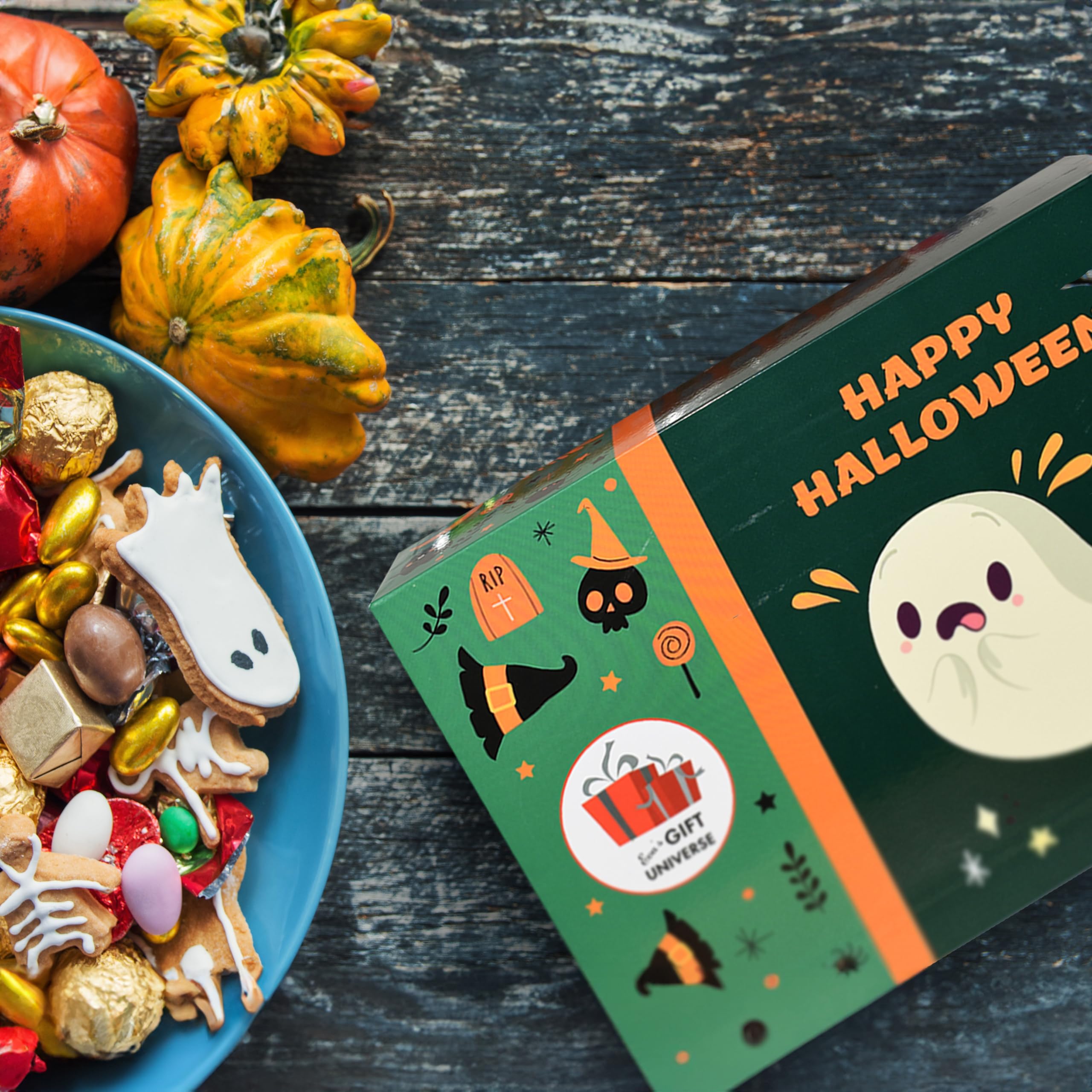 **Halloween Snacks Green Box (50 Count) – Assorted Cookies & Candy Care Package for Students, Friends, Family, Couples – Perfect Gift Basket for Parties, Trick-or-Treating & Office Celebrations**