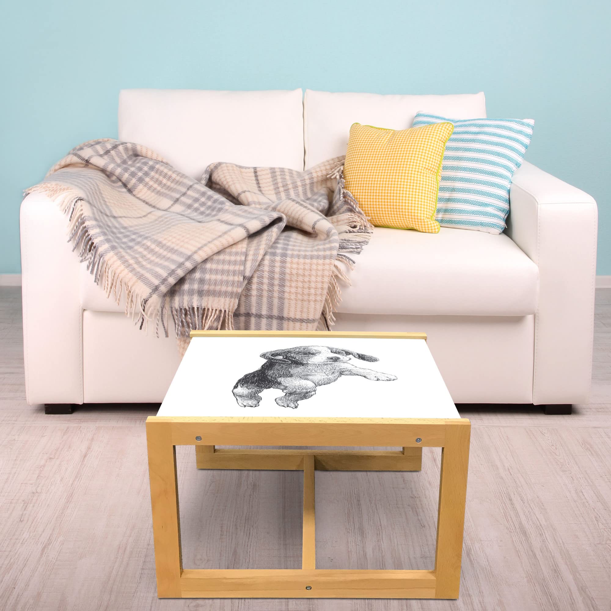 Ambesonne Beagle Coffee Table - Modern Acrylic Glass Center Table with Wooden Frame, Grey and White Pen Drawing of Jumping Beagle Dog - Perfect for Offices, Dorms, Living Rooms & Home Decor