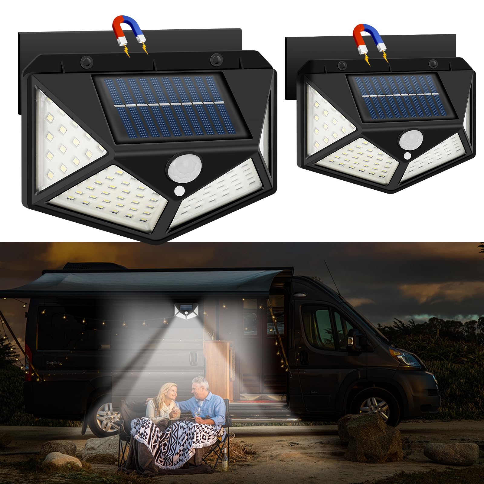 RV Magnetic Motion Sensor Light - Solar Powered Outdoor RV Porch Light, 100LED Exterior Camper Lighting for Trailers & 5th Wheels (2 Pack) - Perfect for Nighttime Safety & Convenience at Campsites