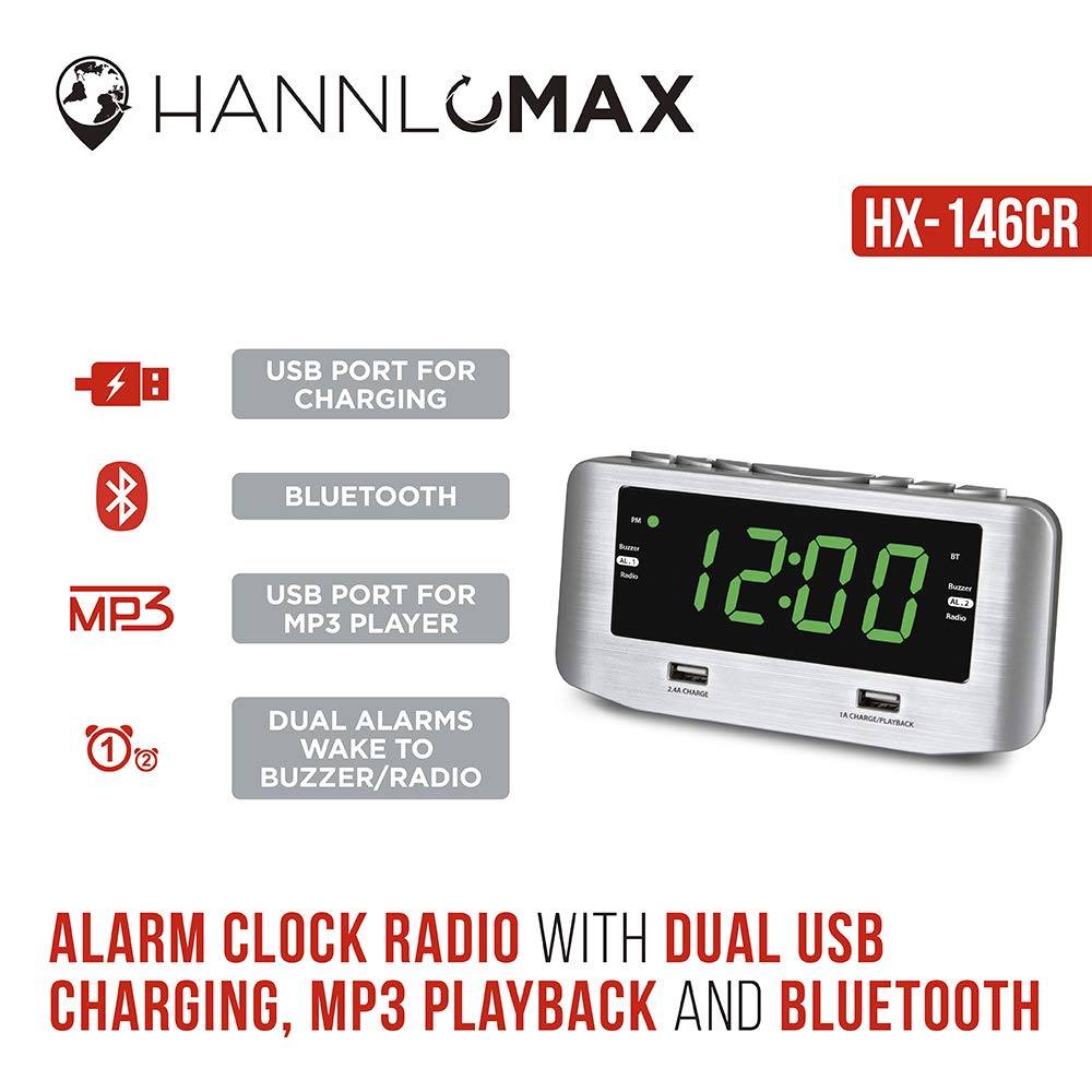 HANNLOMAX HX-146CR Digital Alarm Clock Radio with Bluetooth, PLL FM Radio, Dual Alarm, 1.2