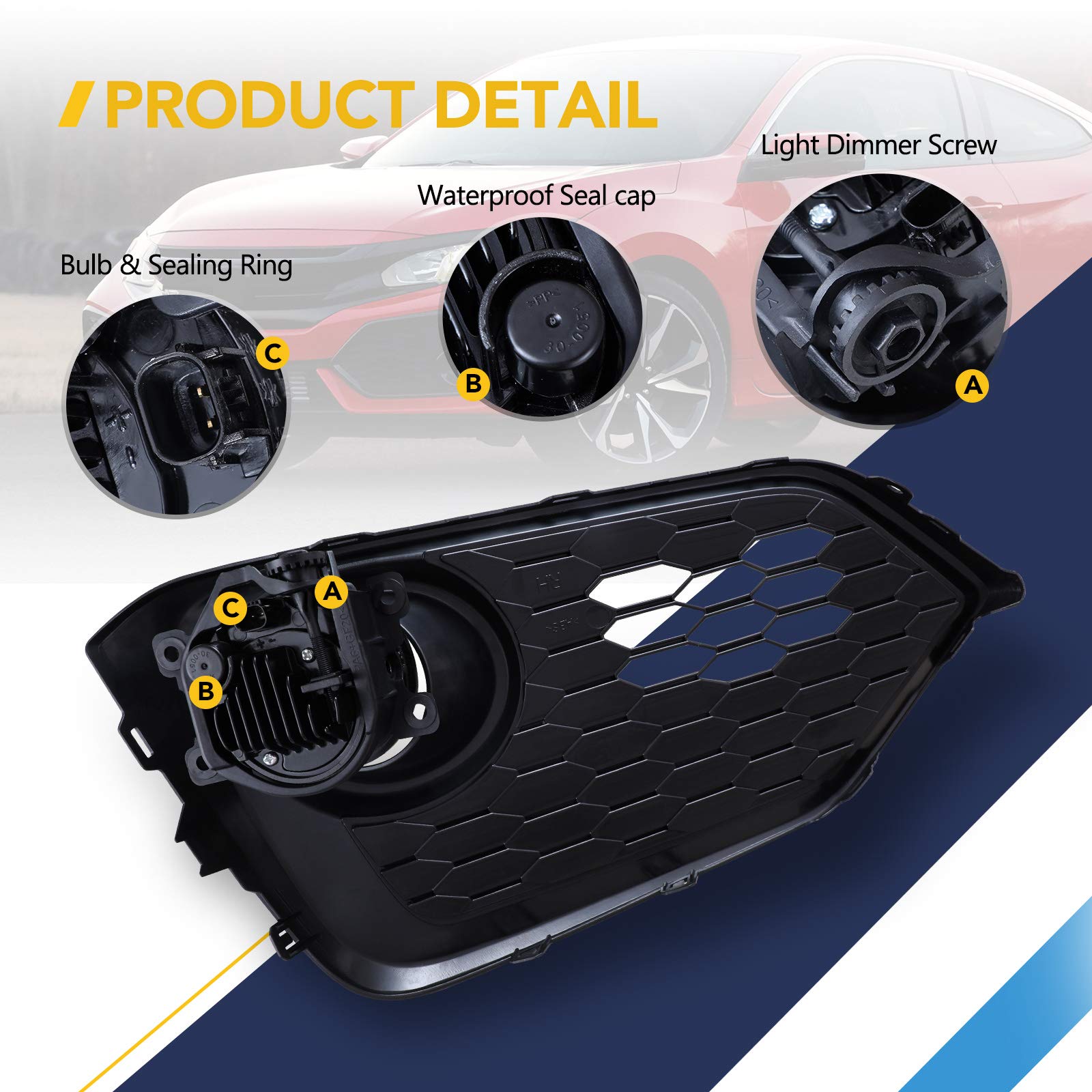2017-2019 Honda Civic Hatchback/Si LED Fog Lights Kit - Clear Lens Fog Lamps with Wiring Harness & Switch (1 Pair) - Perfect for Night Driving and Bad Weather Conditions