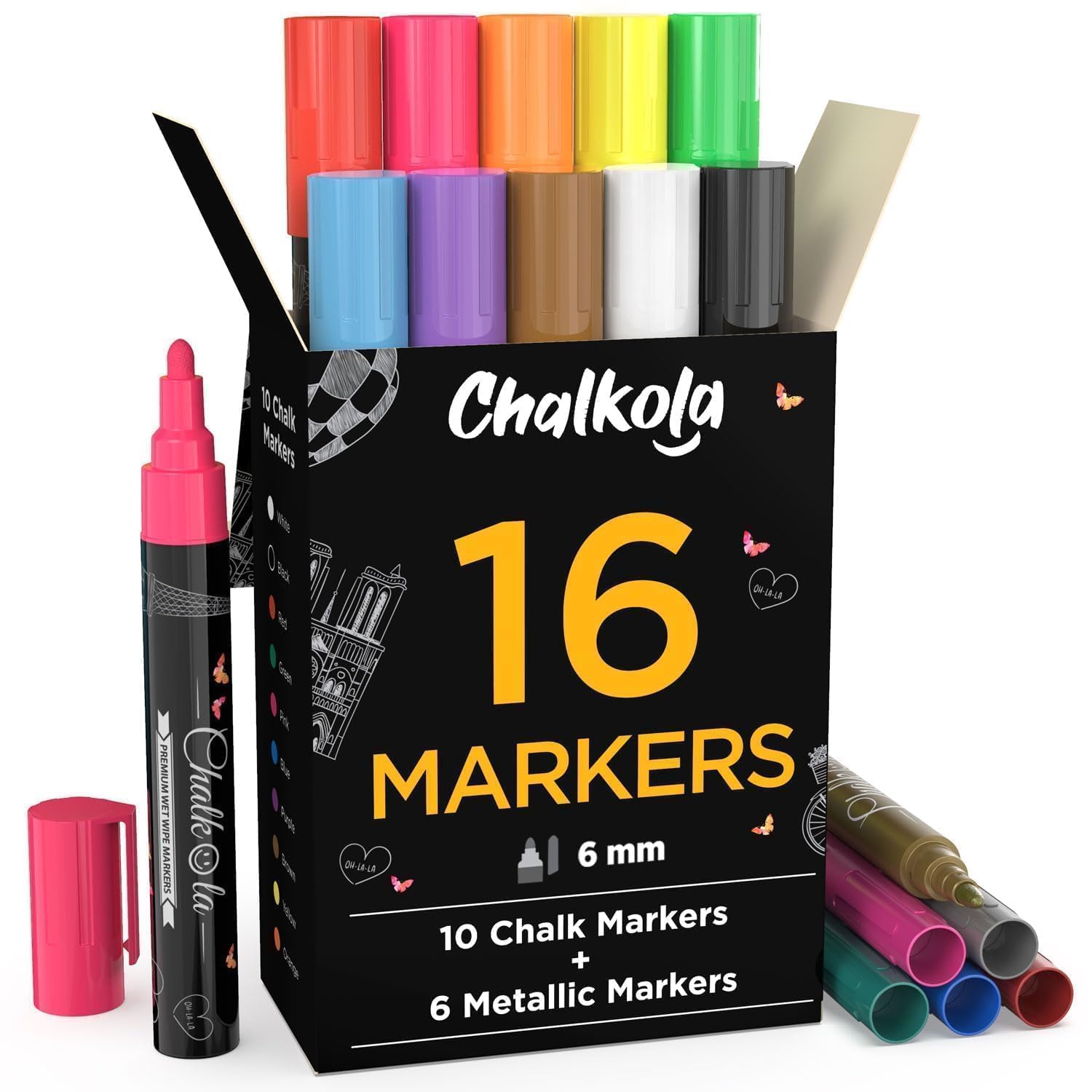 Chalkola Liquid Chalk Markers - 16 Pack with 6mm Reversible Tips | Washable & Erasable Chalk Pens for Blackboard, Glass, Windows, Mirrors, Menu Boards | Perfect for Restaurants, Classrooms, Offices, Home Decor & DIY Projects