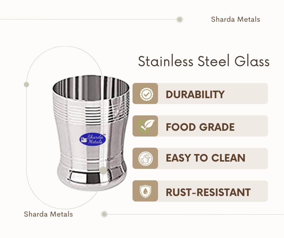 Sharda Metals Stainless Steel Water Glasses Set of 2 - 350ml (12oz) BPA-Free, Durable & Rustproof Drinking Cups for Home, Office, Restaurant, and Outdoor Use