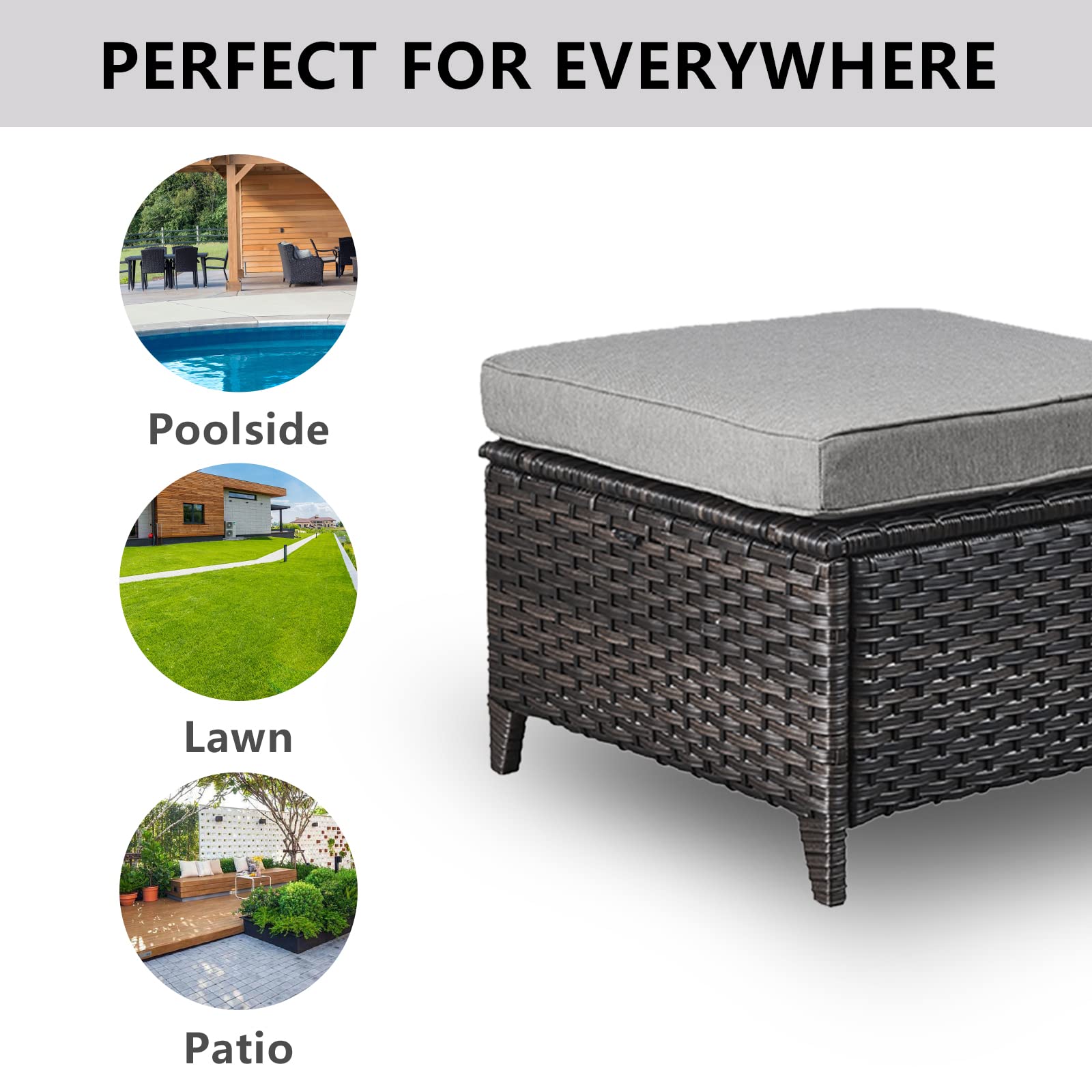All-Weather Outdoor Rattan Ottoman Set of 2 - Patio Seating Footstool with Soft Cushions - Perfect for Garden, Deck, Poolside & Backyard Relaxation