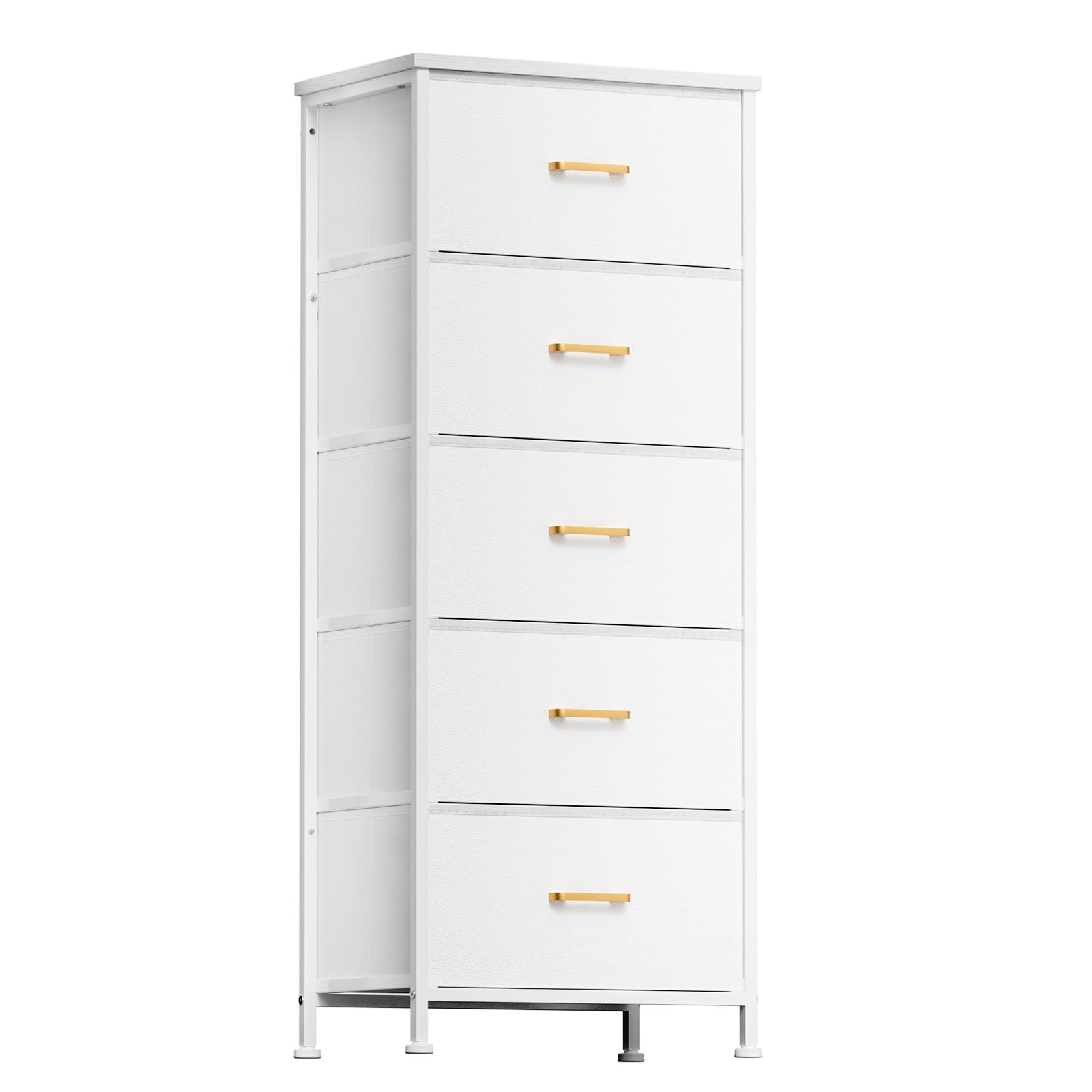 5-Drawer Tall Dresser for Bedroom - White Storage Tower with Sturdy Steel Frame & Wood Top | Perfect for Closet Organization, Nursery, Dorm Room & Home Decor | Includes Fabric Bins & Leather Finish