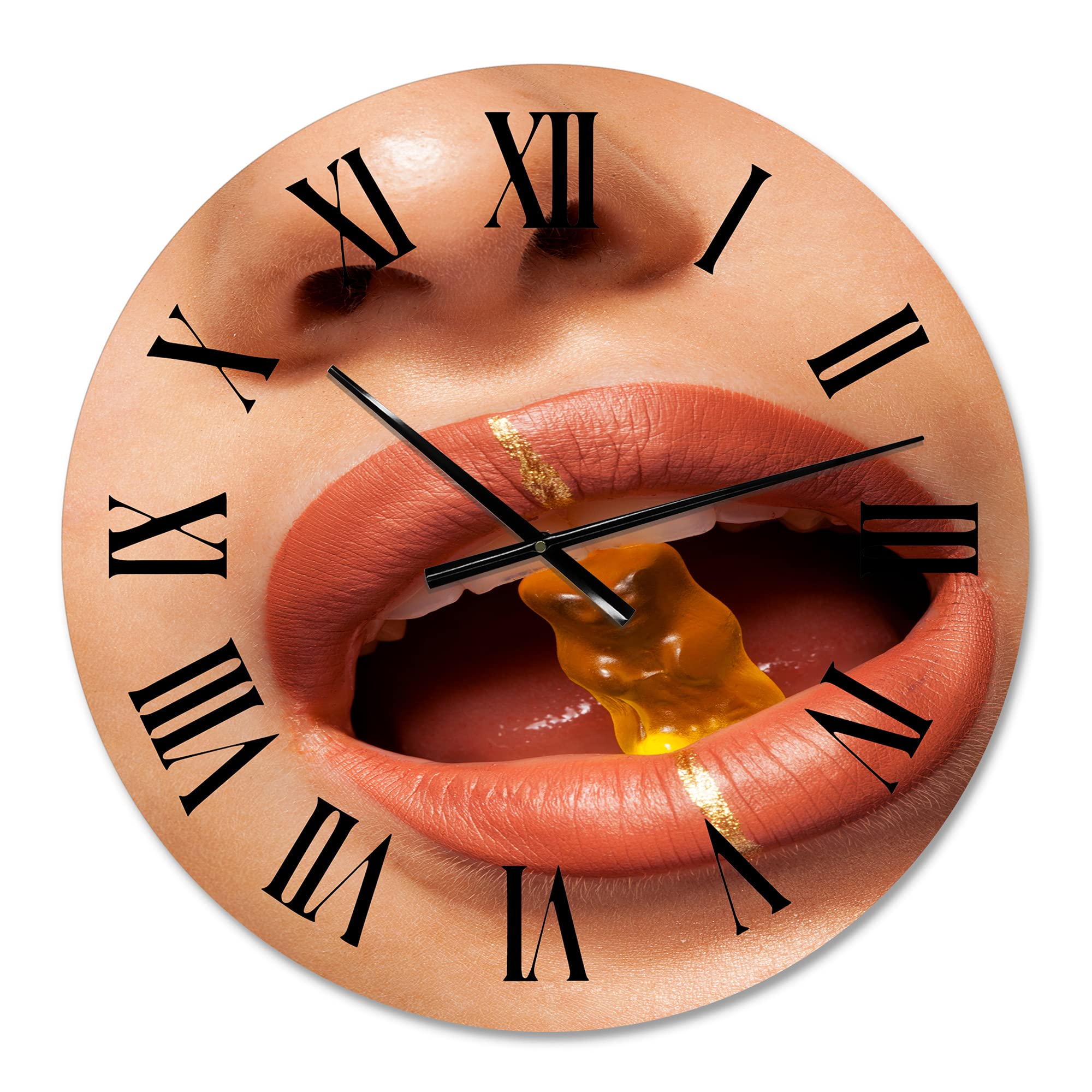 Modern Large Wall Clock - Close Up View of Woman Lips Biting Gummy Bear - Unique Home Decor for Living Room, Bedroom & Office - Silent Non-Ticking Clock for Stylish Interior Design