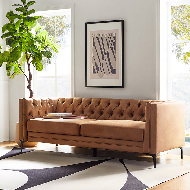 84'' Vegan Leather Tufted Sofa - Modern Faux Leather Couch for Living Room, Office & Lounge - Comfortable Mid-Century Style Sectional with Button Tufting