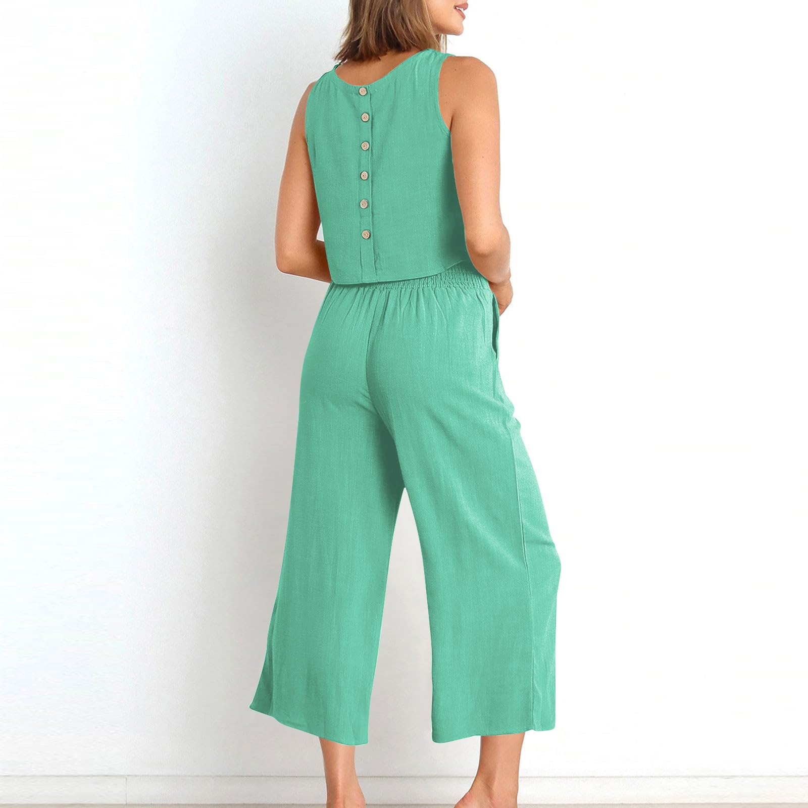 Women's 2-Piece Summer Outfit - Linen Crop Top & High Waist Wide Leg Capri Pants Set | Lounge Wear, Casual Matching Sets for Women | Perfect for Beach Vacation, Yoga & Relaxing at Home
