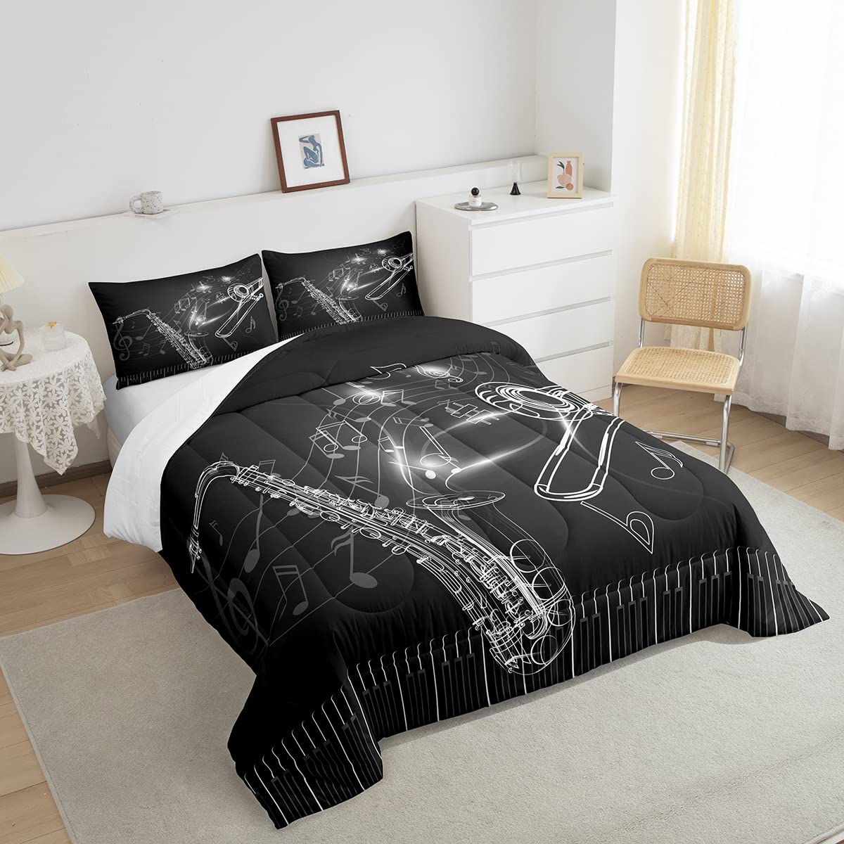 Jazz Music Instrument Comforter Set - Saxophone, Trombone & Piano Keys Design, Full Size Bedding for Kids & Teens | Boys & Girls Musical Theme Duvet Cover | Perfect for Music Lovers' Bedroom Decor & Gift