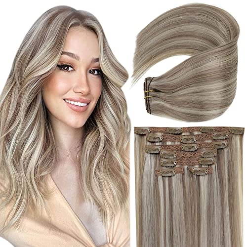 Clip in Human Hair Extensions 22 Inch 130g - Light Brown & Platinum Blonde Highlights - 7 Piece Thick Straight Hair Set for Women | Perfect for Parties, Weddings & Daily Styling