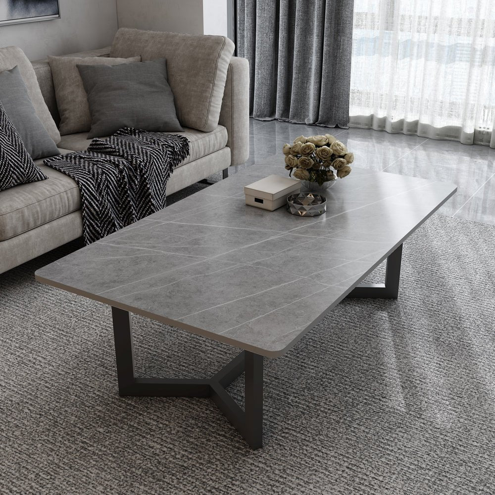 120x60cm Glossy White Minimalist Slate Coffee Table - Modern Marble Tea Table for Living Room, Rectangle Cocktail Side Table with Solid Metal Legs - Perfect for Small Spaces, Apartments & Lounge Decor