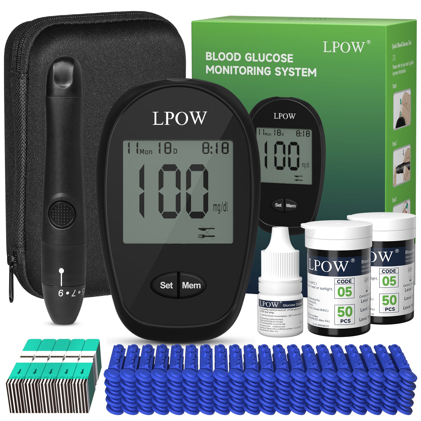 LPOW Blood Glucose Monitor Kit - 100 Test Strips, 100 Lancets, Glucose Meter, Control Solution, Lancing Device & Travel Case | Home Diabetes Testing for Adults & Seniors