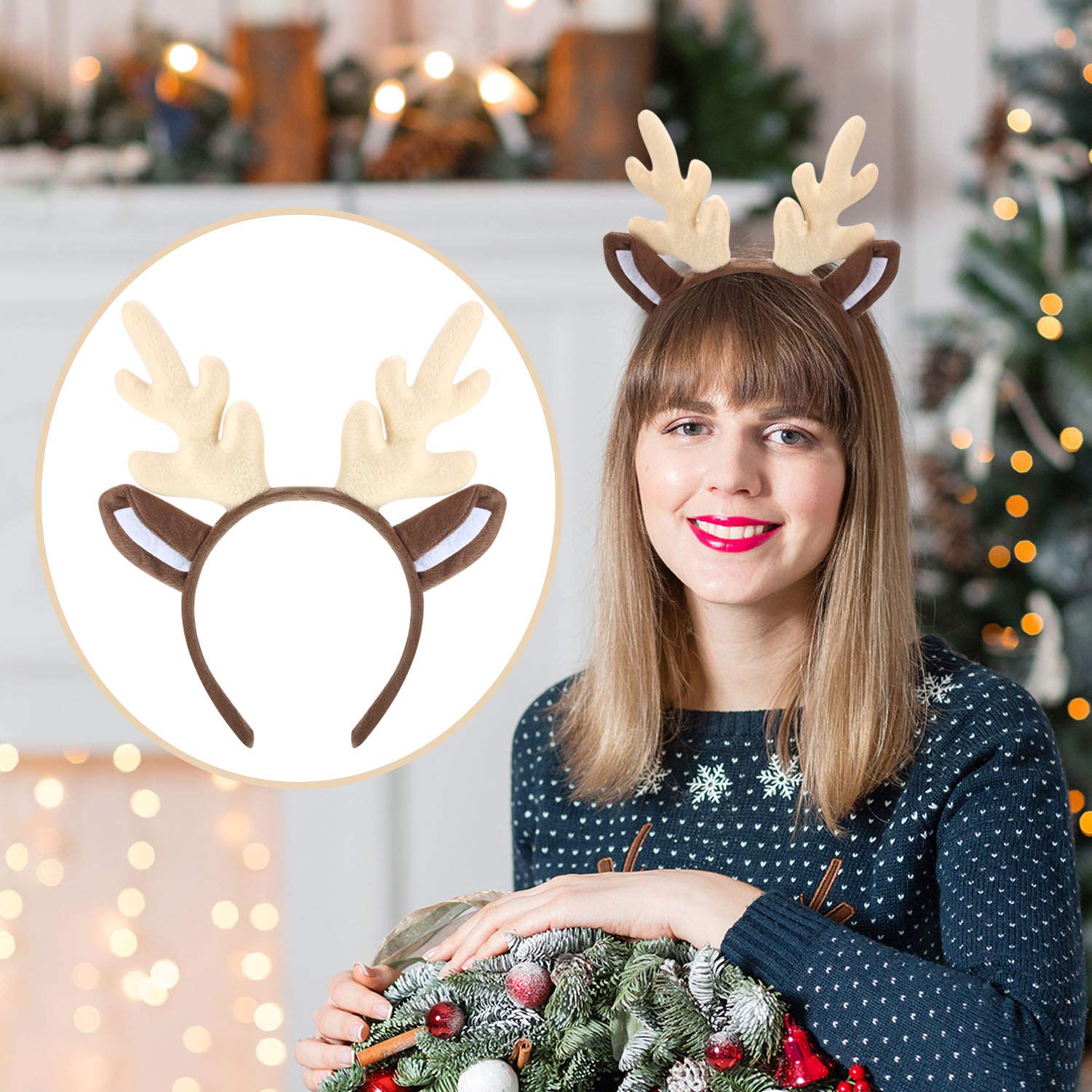 Bememo 2 Pack Christmas Reindeer Antler Headbands for Women - Festive Holiday Party Headpiece for Christmas Costume, Xmas Photo Props, and Holiday Celebrations