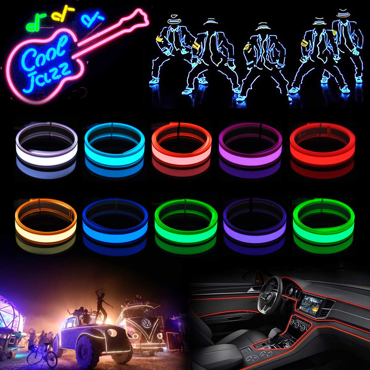 Lychee® 3 Ft (1M) Neon Glowing EL Wire Rope - Electroluminescent Strobe Light Tape with Battery Pack for Cosplay, Burning Man Festival, Rave Parties & Nighttime Decor (Ice Blue)