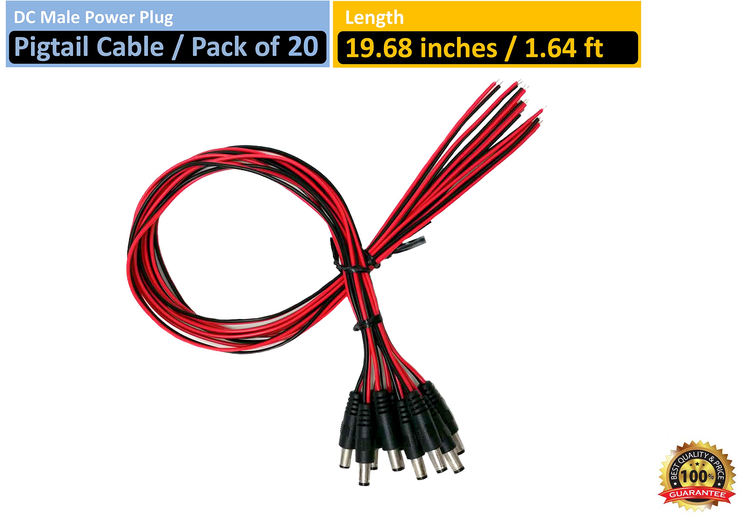 DC Power Adapter Plug Pigtail Cable - 20 Pack (19.68 Inch Male Connector) for Electronics, CCTV Cameras & Home Appliances | Reliable Power Supply Solution