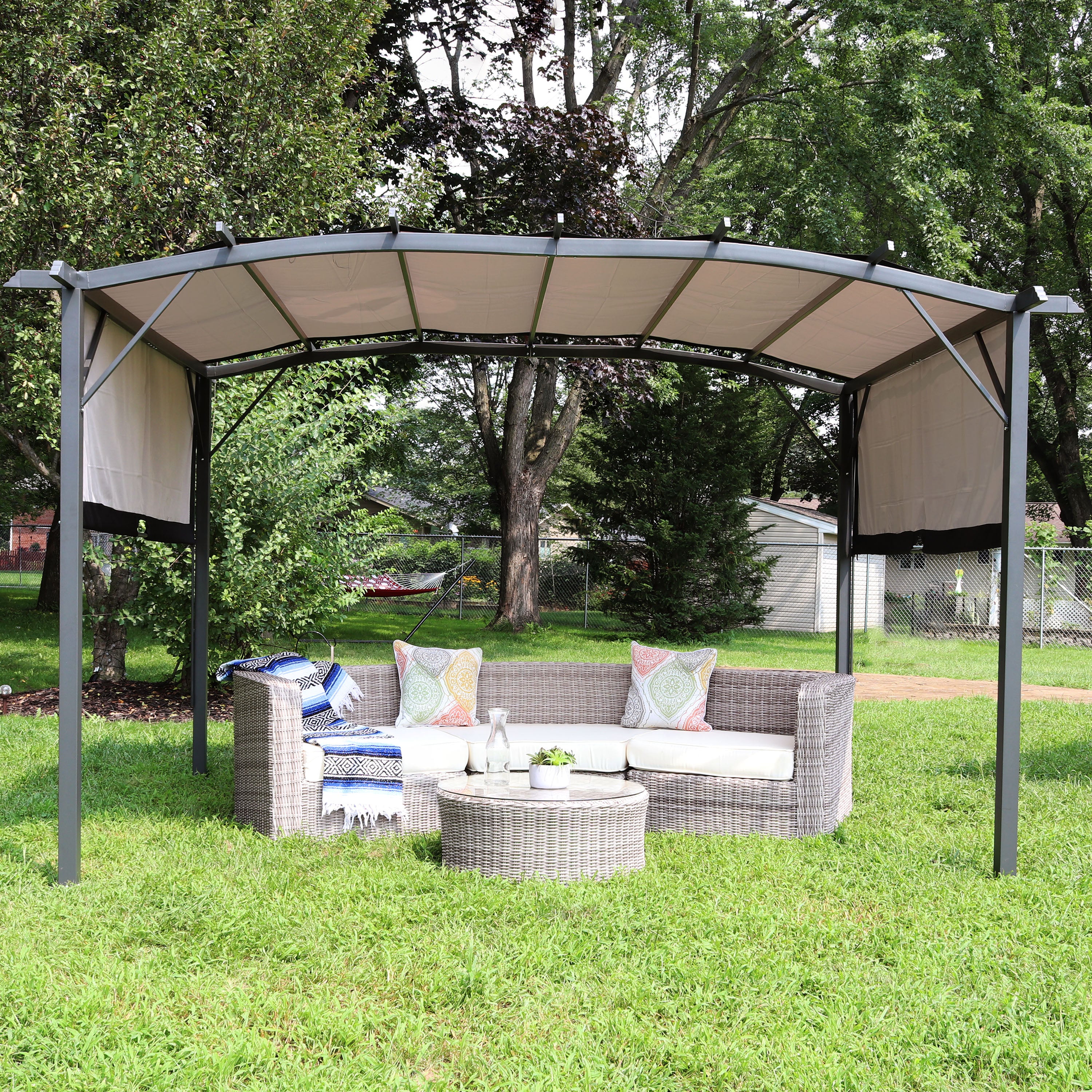 9' x 12' Metal Arched Pergola with Retractable Canopy - Outdoor Garden Patio Shade Structure for Backyard, Deck & Poolside Relaxation