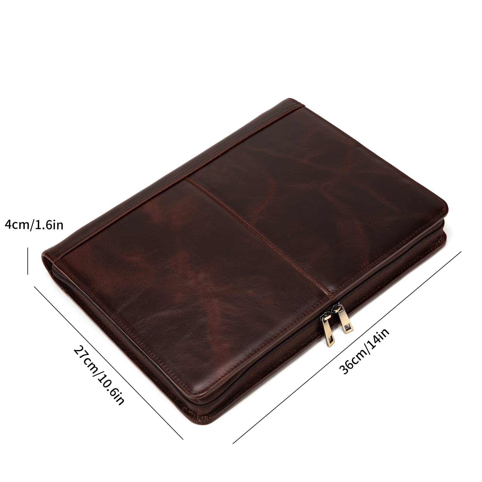 Handmade Crazy-Horse Leather Padfolio Portfolio Case - Premium Business Organizer with Zippered Closure for Tablet & Letter Size Notepad - Engravable Oil Wax Leather Gift for Women & Men - Perfect for Office, Meetings & Professional Use