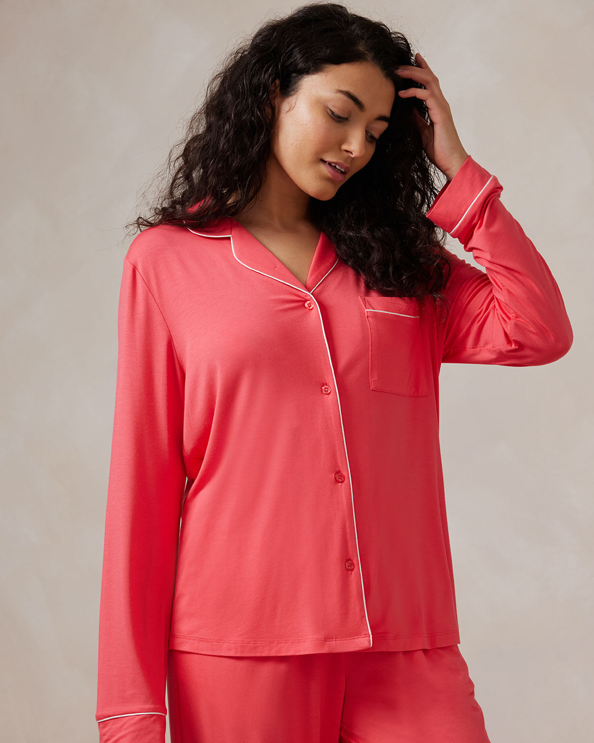 TENCEL™ Modal Long Sleeve Button Up Pajama Set for Women - Soft & Breathable Sleepwear - Hot Pink - Perfect for Cozy Nights & Relaxing at Home