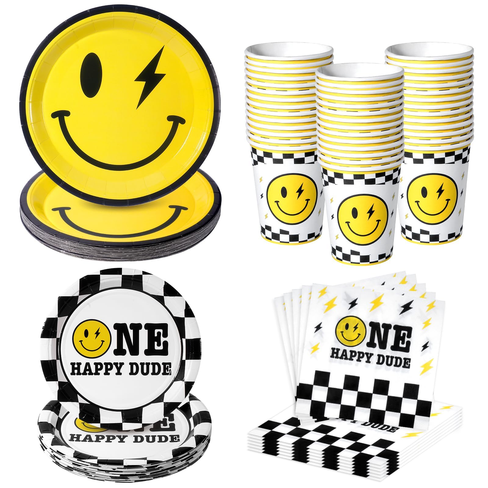 One Happy Dude Birthday Party Supplies Set - 25 Yellow Smile Face Paper Plates, Cups & Napkins | Disposable Tableware for Birthday, Baby Shower, Wedding & Bachelor Party Decorations | Perfect for Indoor & Outdoor Celebrations