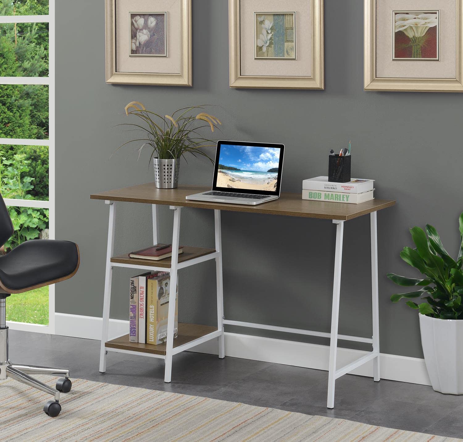 Convenience Concepts Designs2Go Trestle Wood Metal Desk - Driftwood & White Finish - Home Office Desk, Study Table, Writing Desk for Small Spaces & Dorm Rooms