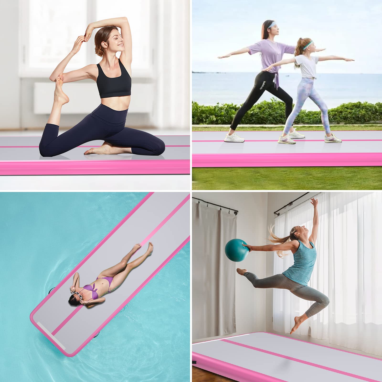 10ft 13ft 16ft 20ft Inflatable Air Gymnastics Mat - Pink & Purple Tumbling Mats with Electric Pump | 4 Inch Thick for Home Gym, Yoga, Training, Outdoor & Water Activities | Perfect for Kids Play, Gymnastics Practice & Backyard Fun