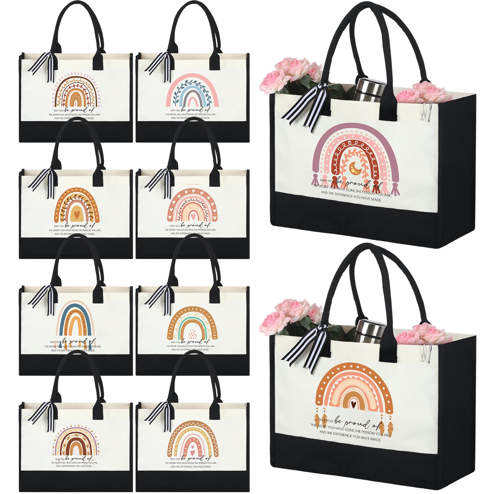 10 Pack Rainbow Canvas Tote Bags - Bulk Teacher Appreciation Gifts for Women, Holiday Christmas Presents - Perfect for School, Beach, Shopping & Daily Use