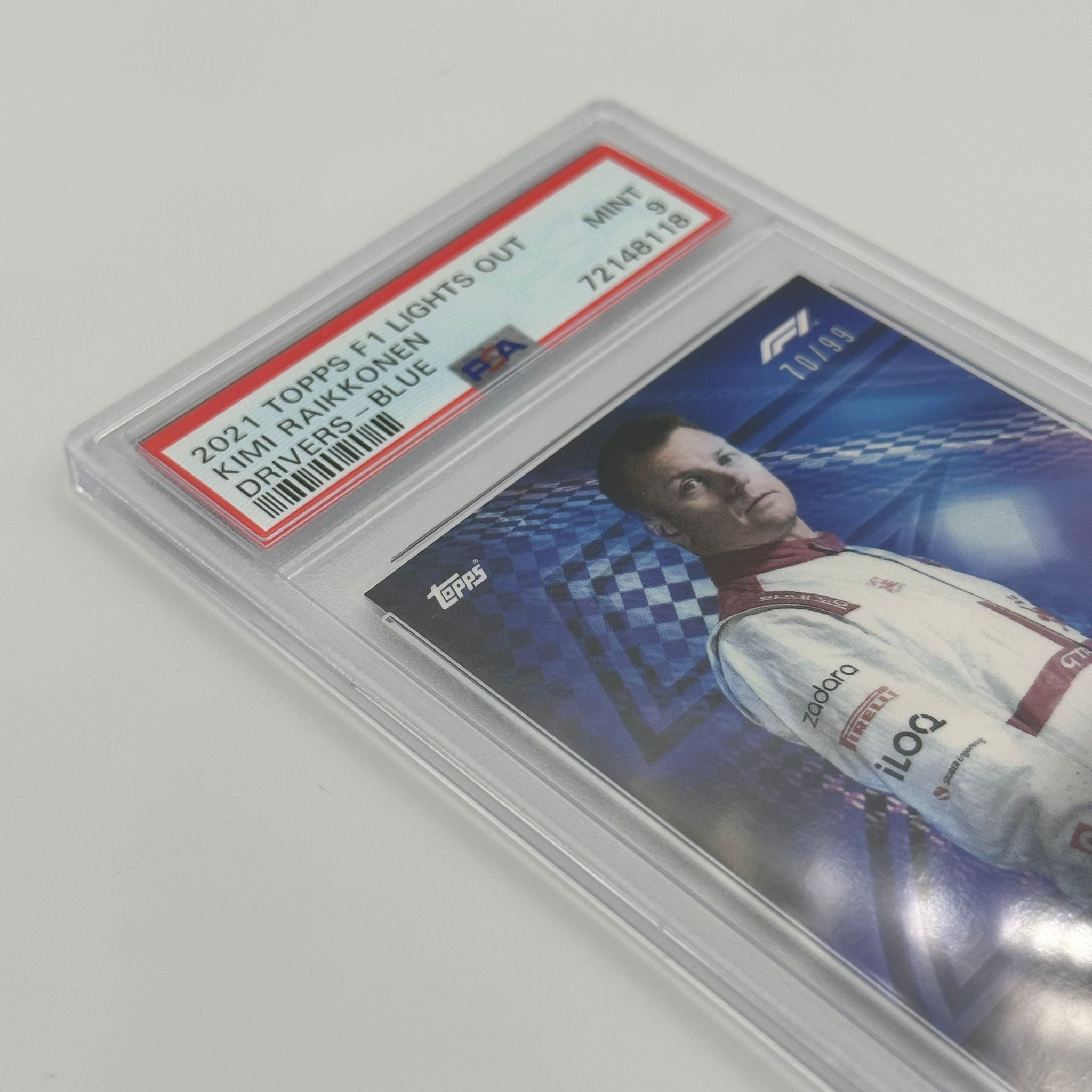 PSA 9 Graded 70/99 Kimi Raikkonen Blue Parallel Racing Driver Card - Perfect for F1 Collectors & Motorsport Memorabilia Displays