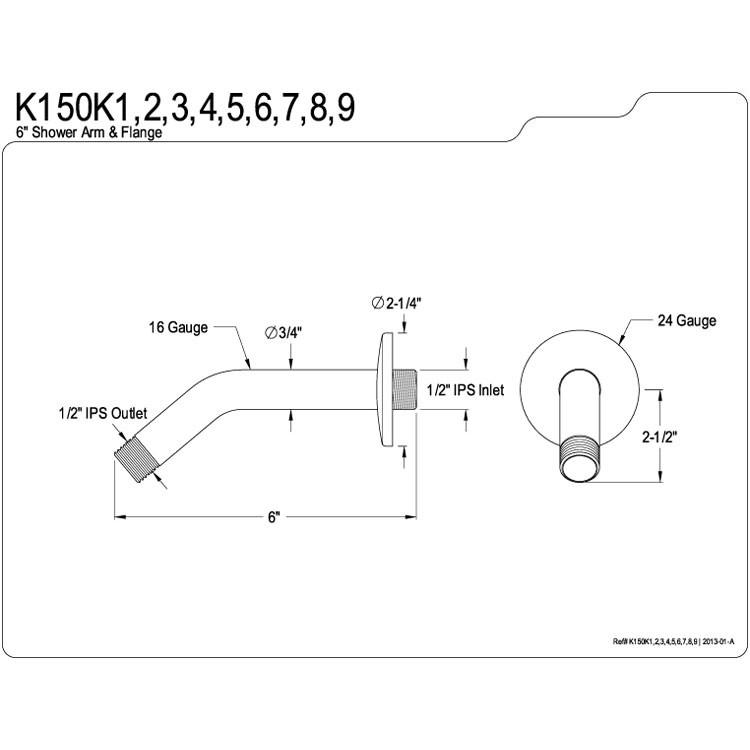 Polished Brass Shower Arm K150K2 - 6 Inch Bathroom Fixture for Modern Showers | Perfect for Home Renovation & Spa-Like Experience