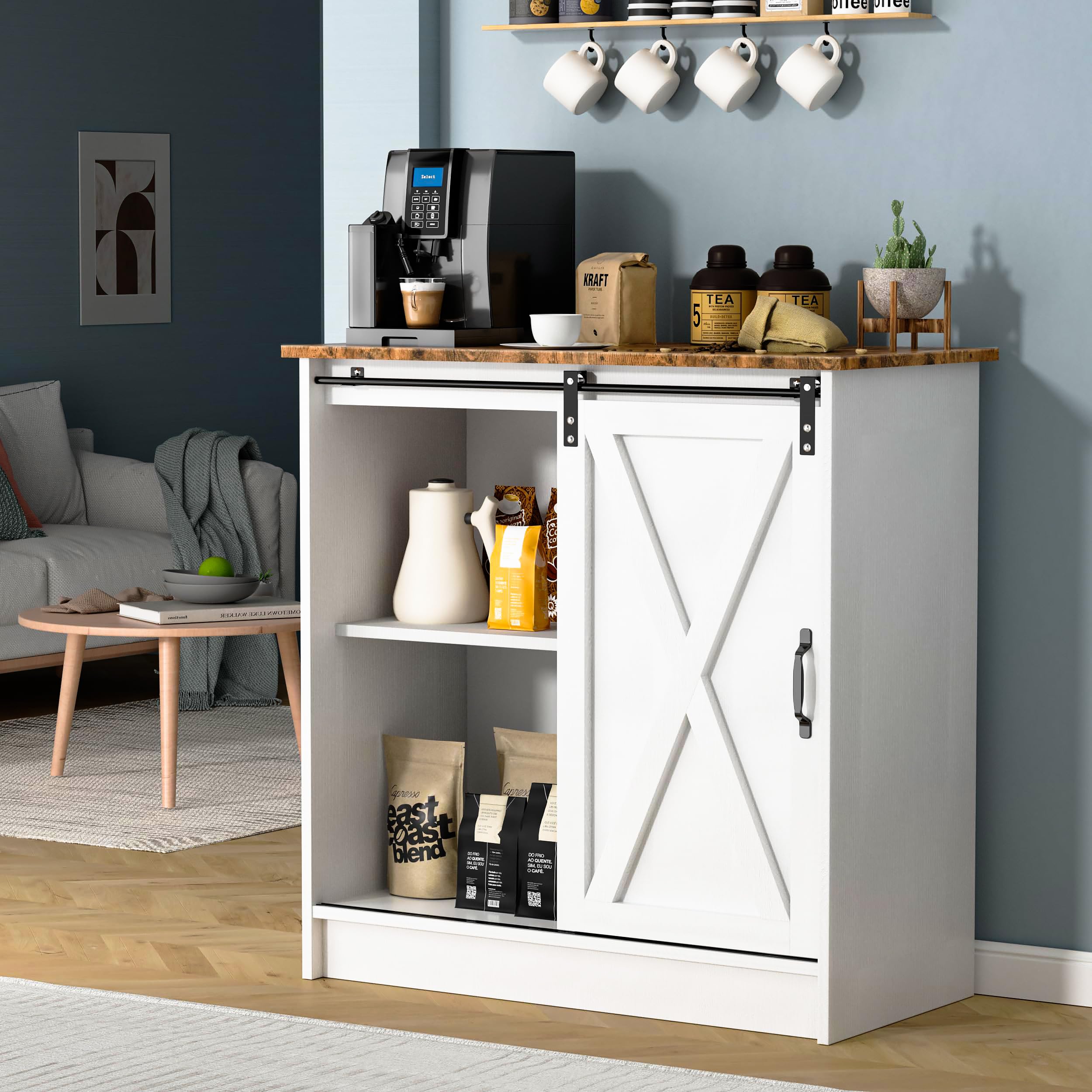 White Coffee Bar Cabinet with Storage - Farmhouse Style Coffee Bar Table with Sliding Barn Door - Perfect for Kitchen, Dining Room & Living Room - Organize Coffee Mugs, Wine Bottles & Kitchen Essentials