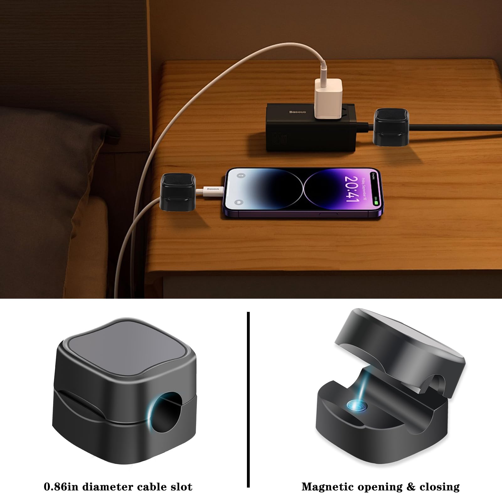 6 Pack Magnetic Cable Clips - Under Desk Cord Organizer, Adhesive Wire Management for Home, Office, Car & Nightstand - Black (Perfect for Desk, Wall & Vehicle Use)