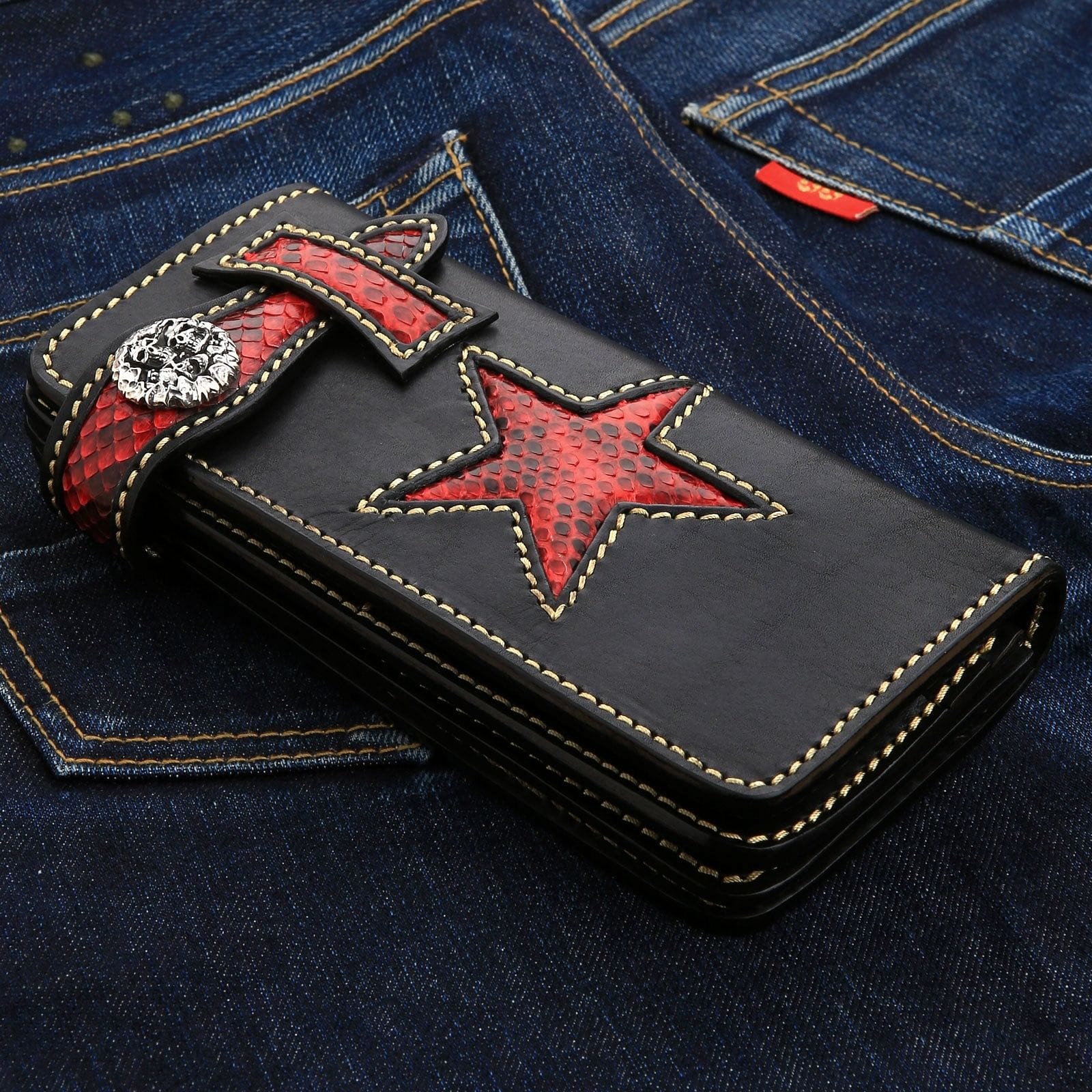 Tribal Star Red Genuine Leather Men's Biker Wallet - Stylish RFID Blocking Wallet for Motorcycle Riders & Travelers - Perfect Gift for Bikers & Outdoor Enthusiasts