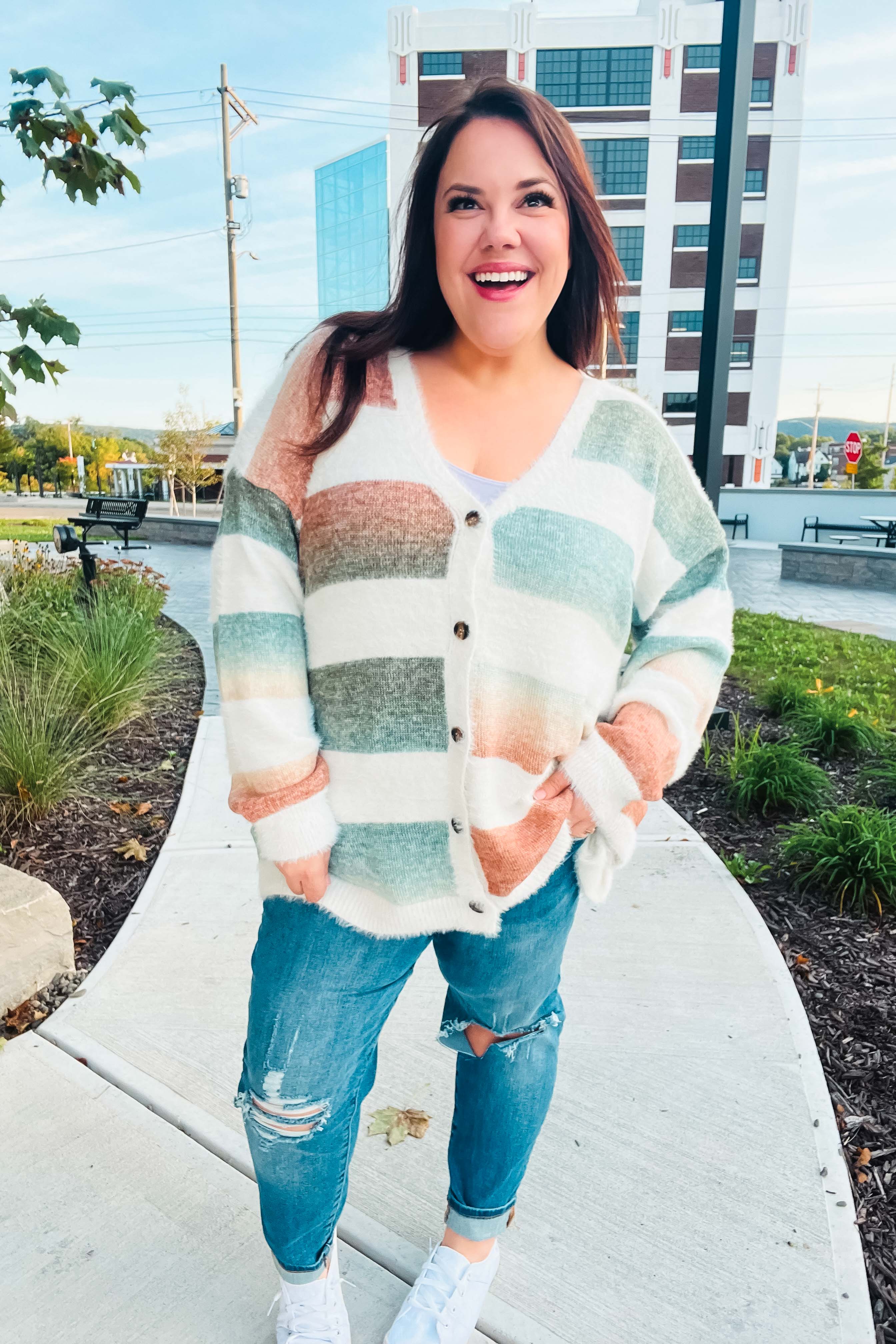 Ivory Striped Button Down Fuzzy Knit Cardigan for Women - Soft Warm Winter Sweater - Perfect for Office, Date Night and Casual Outfits