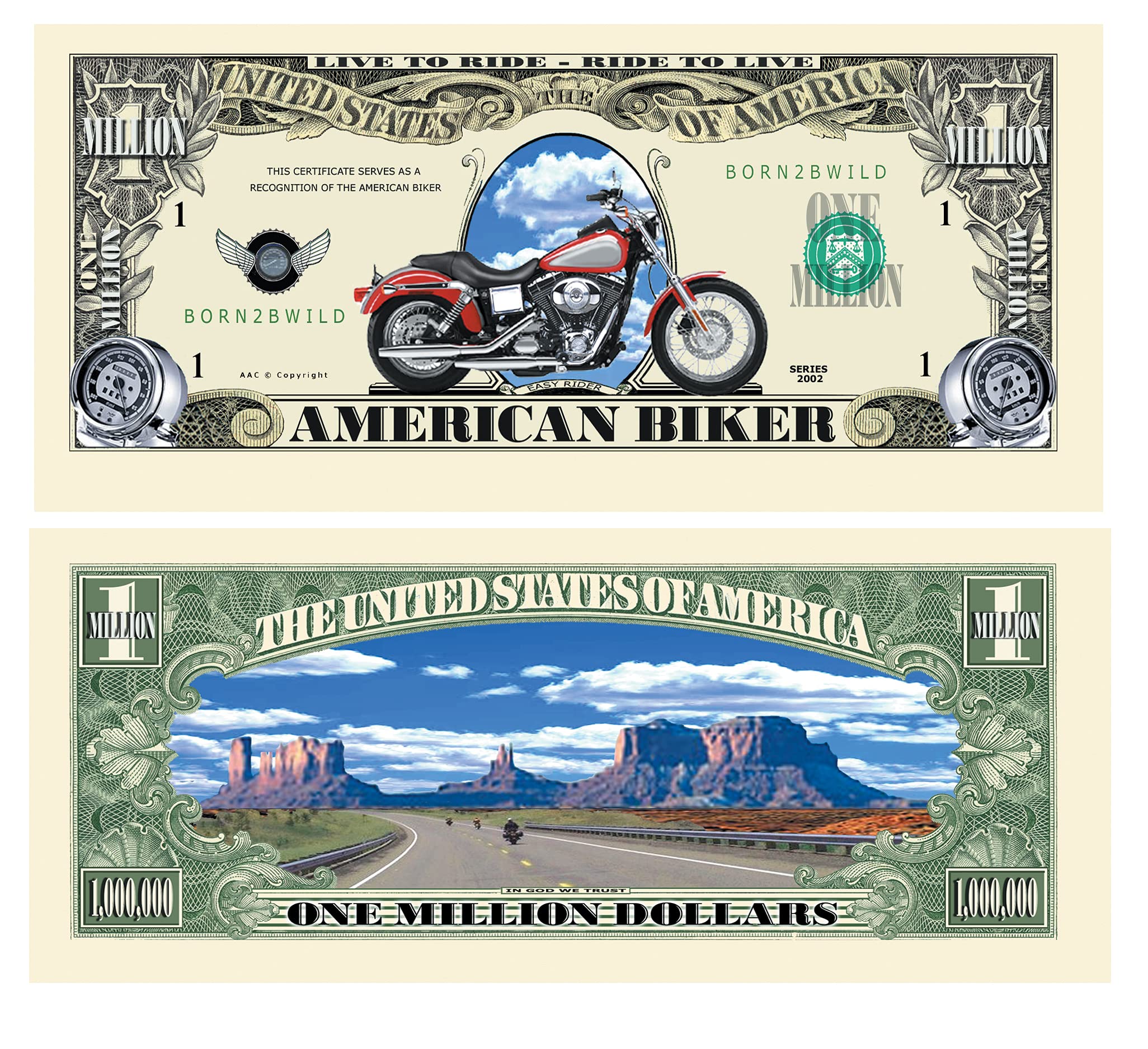 Authentic American Biker Million Dollar Bill - Set of 1000 Fake Money for Prank Gifts, Party Favors & Novelty Collectibles | Perfect for Themed Parties, Prank Gifts & Biker Enthusiasts