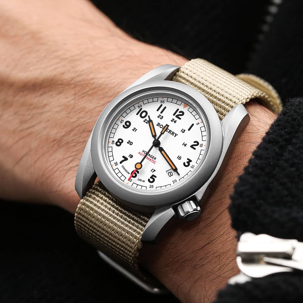 VOYAGER 100M Waterproof Titanium Automatic Military Field Watch with White Bracelet - Durable Outdoor Adventure, Hiking, and Diving Watch for Men