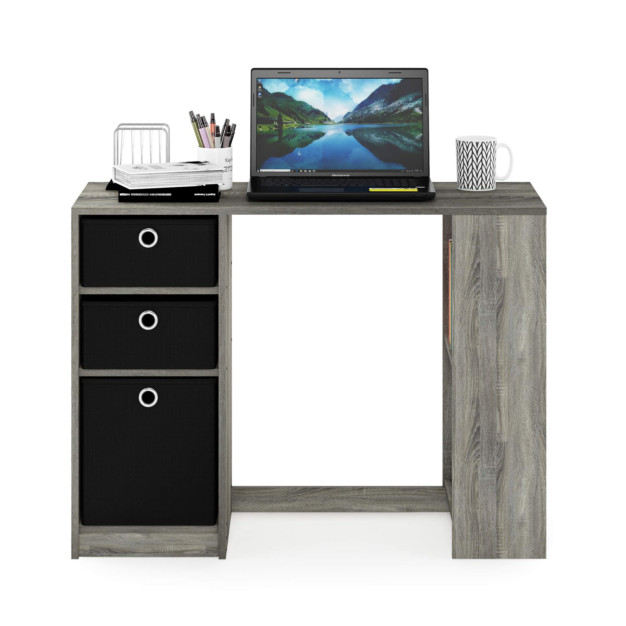 Furinno Jaya Modern Computer Study Desk - Small Home Office Desk with Storage Shelf, French Oak Grey/Black Finish - Perfect for Small Spaces, Dorm Rooms & Home Offices
