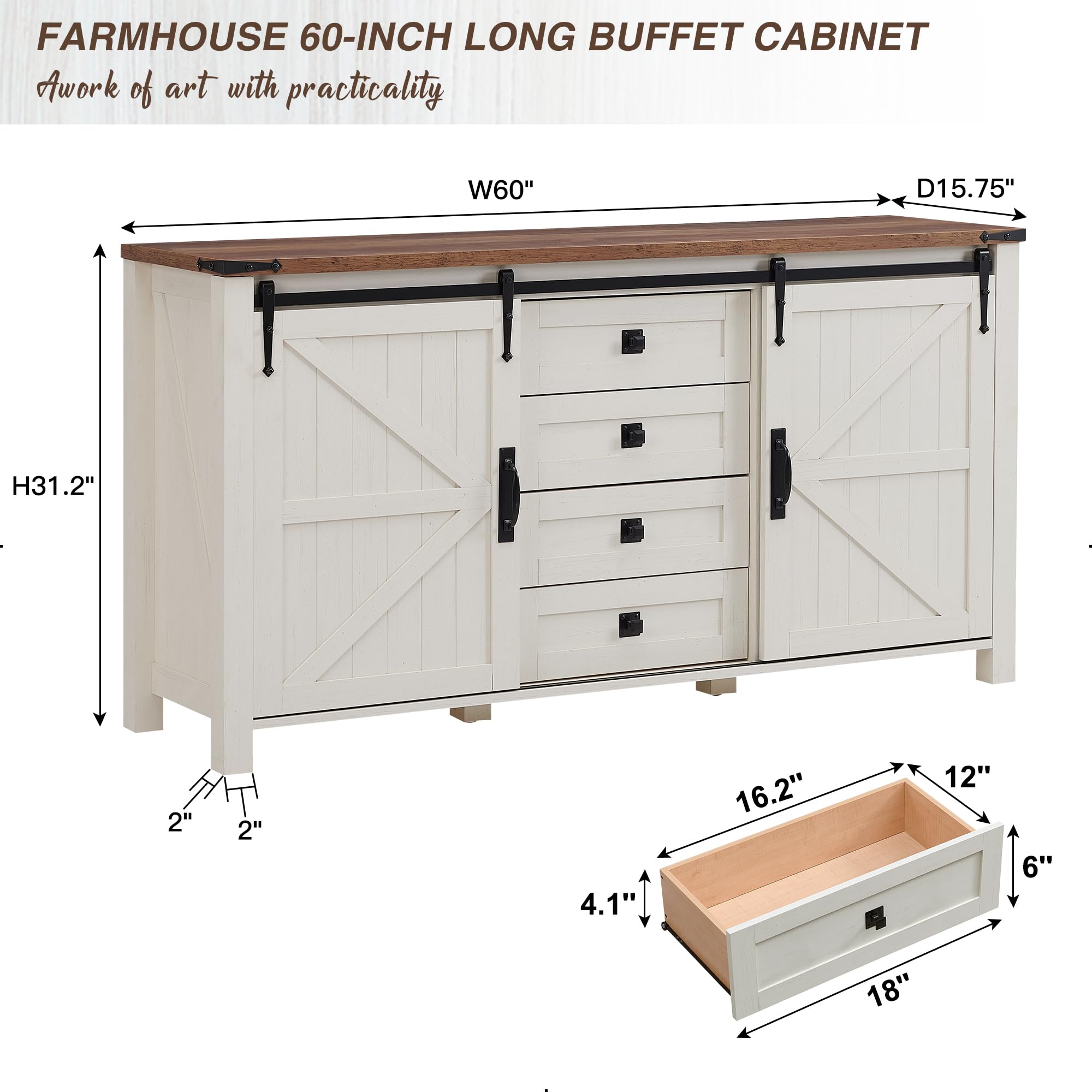 Farmhouse Sideboard Buffet Cabinet with Storage - 60