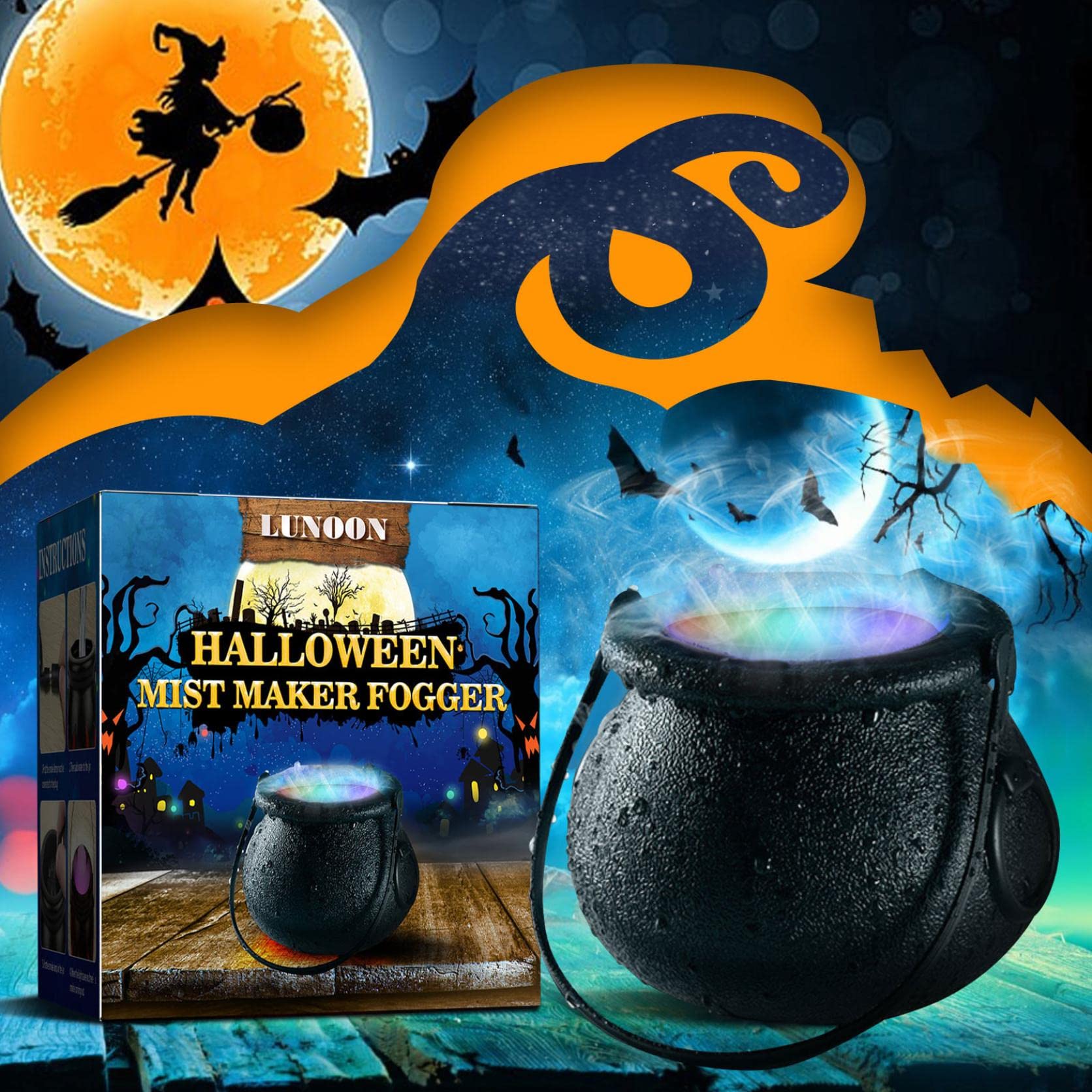 Halloween Mini Mist Maker Fog Machine - Small Pond Fogger Atomizer Humidifier with 12 Color LED Lights for Water Features, Holiday Decorations (Black) | Perfect for Halloween, Christmas Parties, Home & Garden Decor