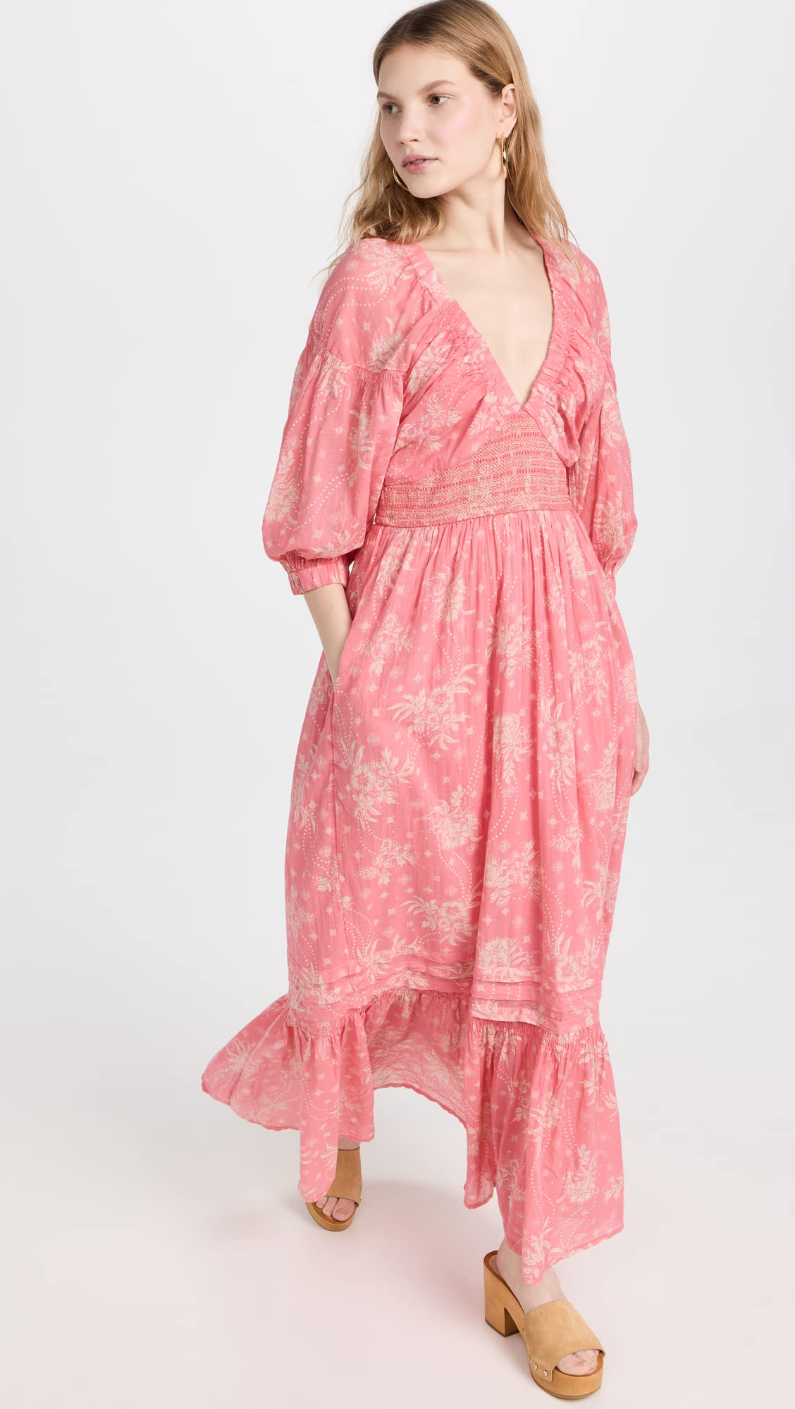 Free People Women's Golden Hour Maxi Dress - Flowy Bohemian Summer Dress with V-Neck & Long Sleeves | Perfect for Beach Vacations, Music Festivals & Date Nights
