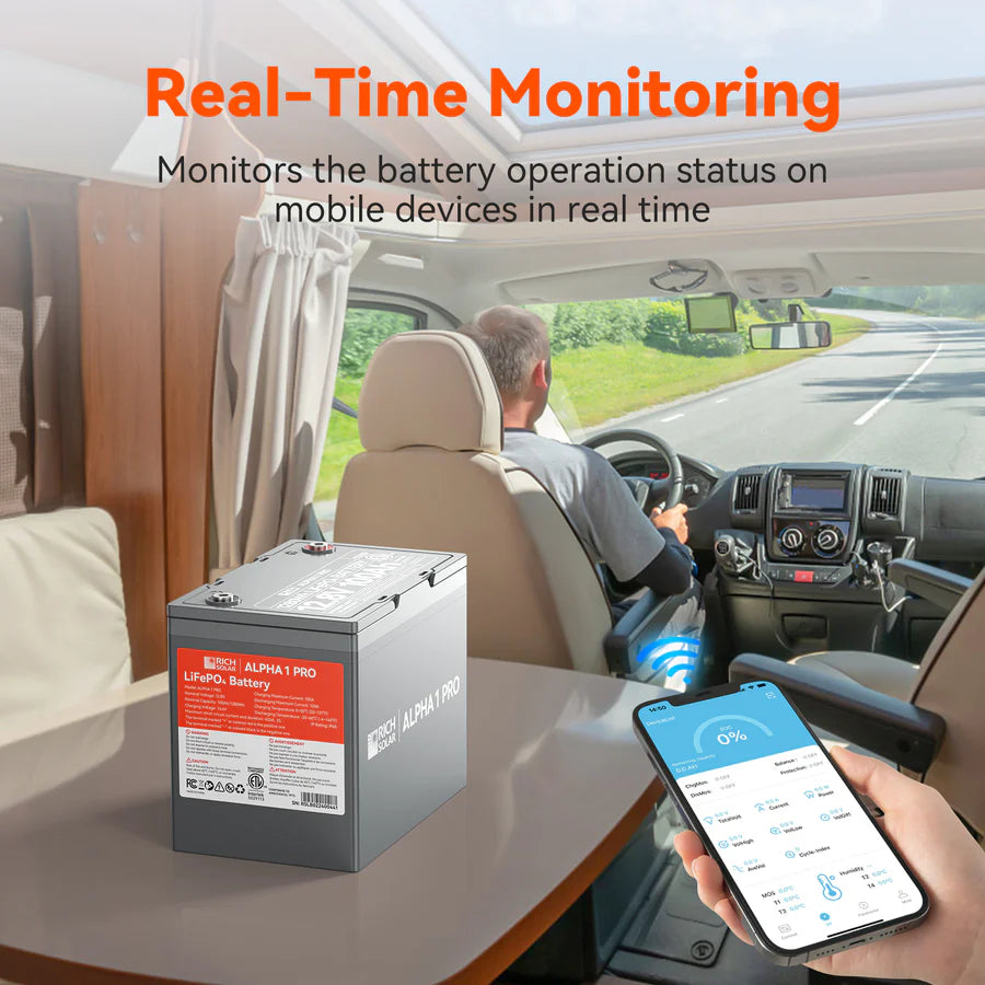 Rich Solar 12V 100Ah LiFePO4 Lithium Iron Phosphate Deep Cycle Battery with Built-in Heating & Bluetooth Monitoring | ALPHA Series (ALPHA 1, ALPHA 1 LITE, ALPHA 1 PRO) | Perfect for Solar Power Systems, RVs, Marine & Off-Grid Applications