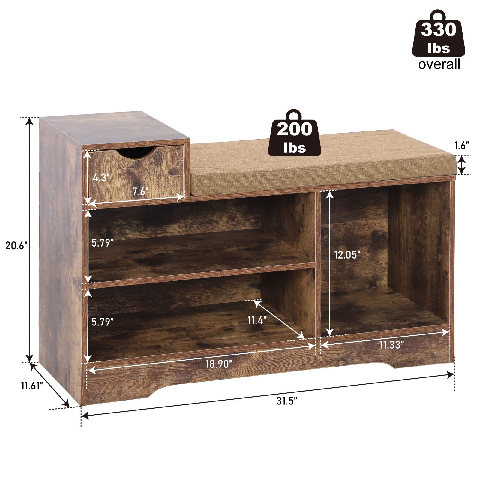 PHI VILLA Rustic Brown Shoe Storage Bench with Cushion - Entryway Shoe Organizer Cabinet for Living Room, Hallway & Mudroom - Perfect for Small Spaces & Home Organization