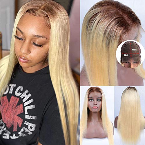 16Inch Ombre Blonde Lace Front Human Hair Wig - 4/613 Blonde with Brown Roots, Pre Plucked Baby Hair, 4x4 Lace Closure, 150% Density Brazilian Hair - Free Part & Restyleable for Daily Wear, Cosplay & Special Occasions