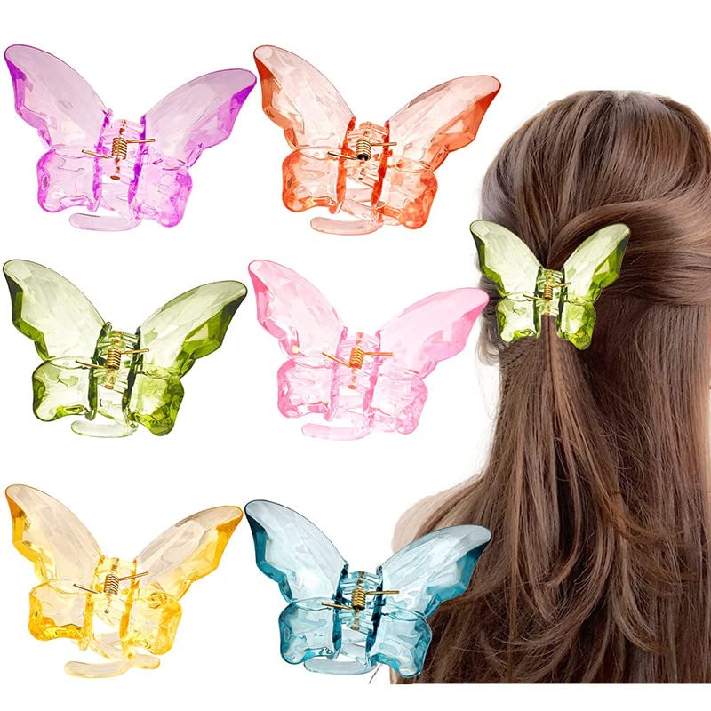FAMEZA Large Butterfly Hair Claw Clip - 3.4 Inch Clear Jaw Clips for Thick Hair - Jumbo Hair Clips for Women & Girls (Crystal 6 Pack) - Perfect for Updos, Ponytails & Everyday Hairstyles