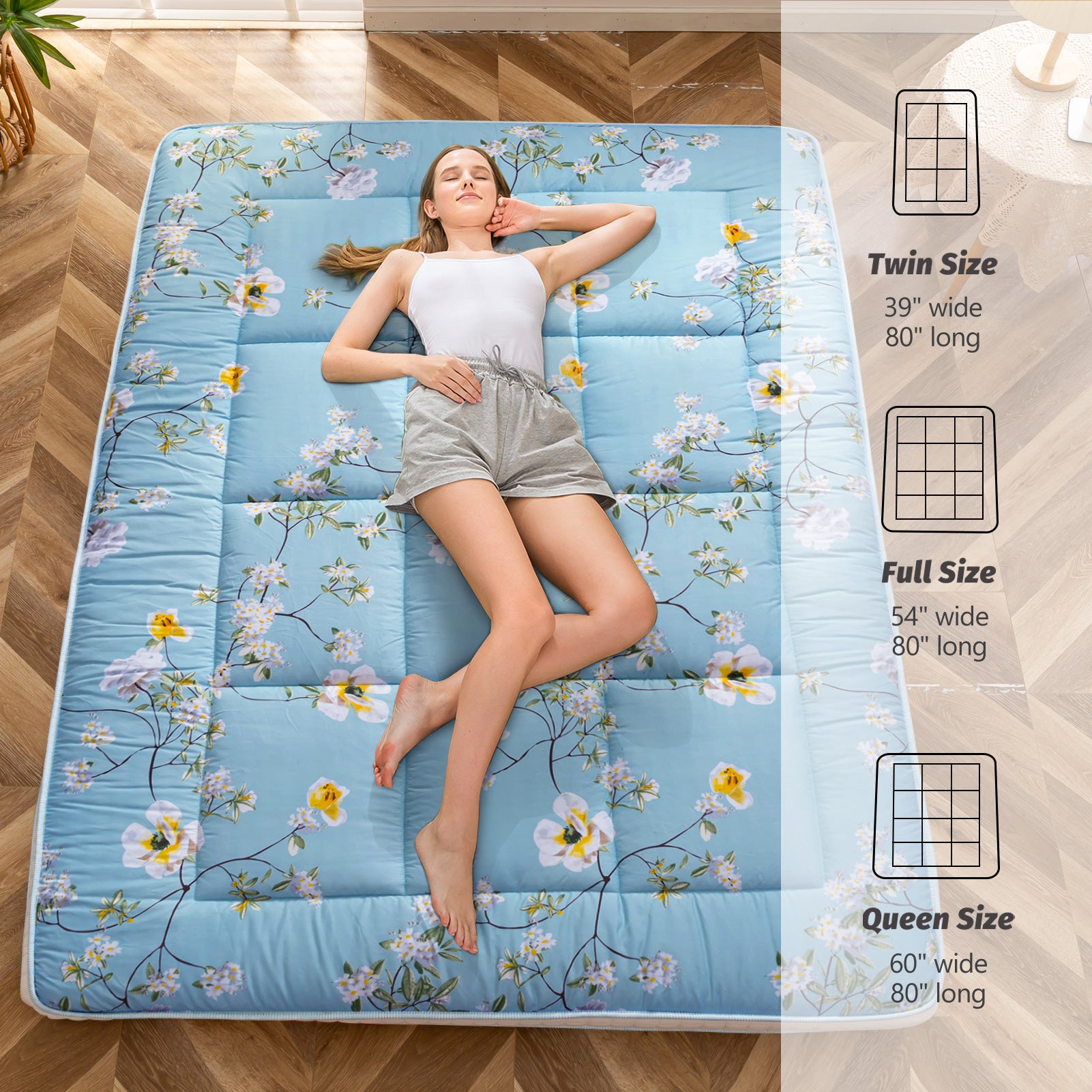 MAXYOYO Rustic Floral Korean Padded Japanese Futon Mattress - Quilted Bed Mattress Topper & Foldable Sleeping Pad for Guest Bed, Camping, Couch & Floor Lounging | Comfortable Home & Outdoor Use