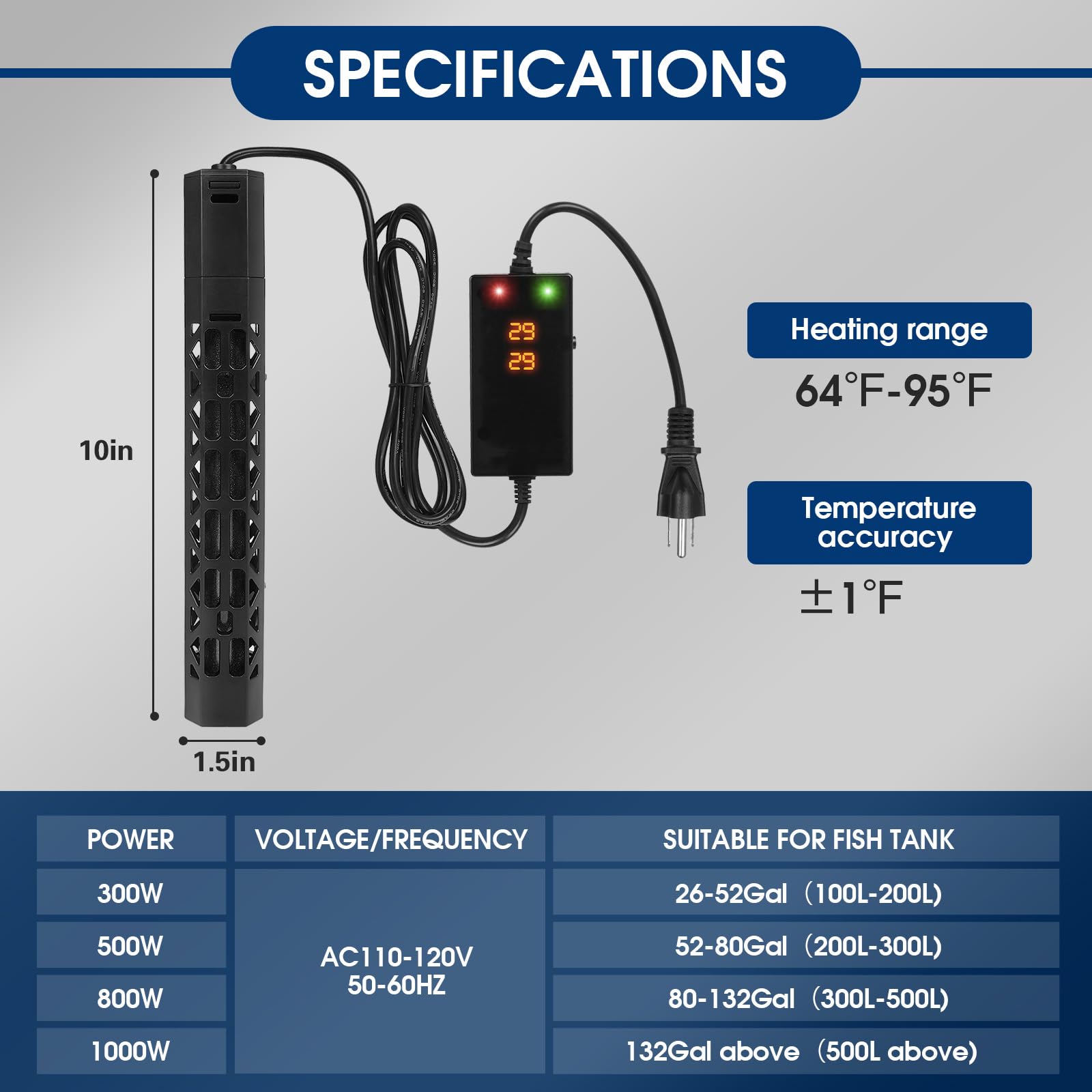 500W Submersible Aquarium Heater with Intelligent Frequency Conversion - Over-Temperature Protection & Auto Power-Off | Fish Tank Water Heater for Freshwater/Saltwater Tanks | Perfect for Tropical Fish, Marine Life & Reptile Habitats