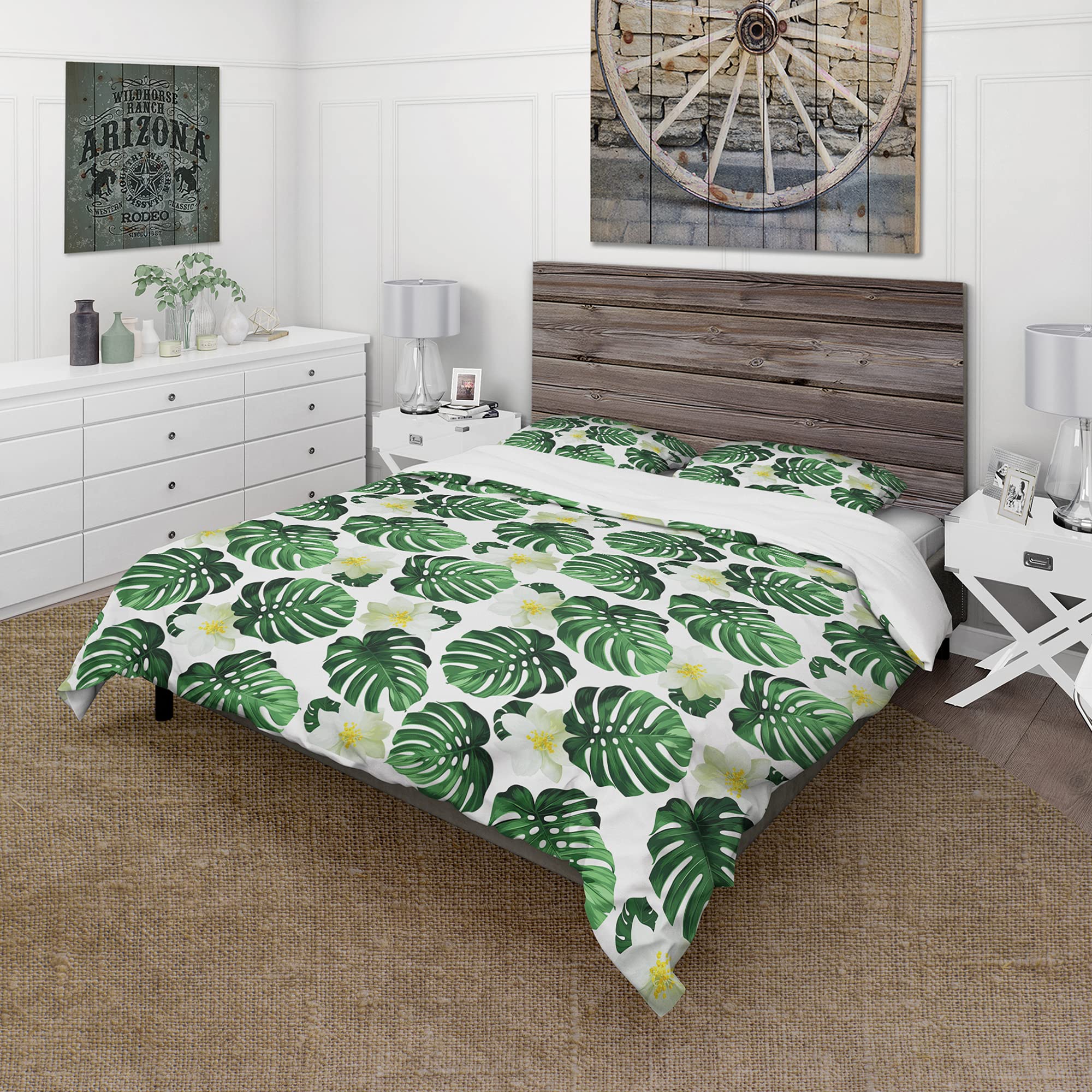 DesignQ Monstera Leaves with Exotic White Flowers Floral Duvet Cover Set | Tropical Botanical Bedding | Perfect for Boho Bedroom Decor & Guest Room Styling
