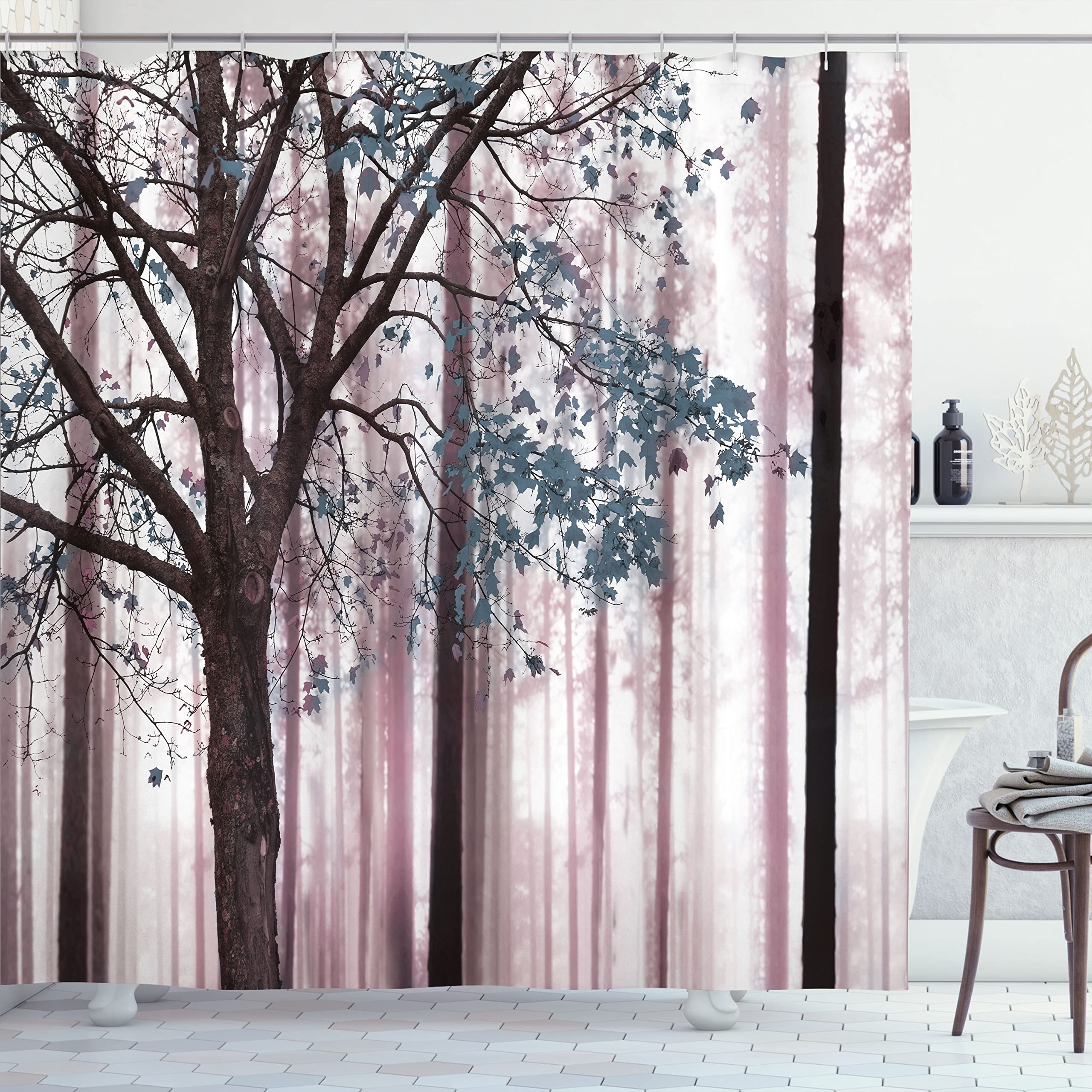 Ambesonne Autumn Shower Curtain - Waterproof Fabric Bathroom Decor with Hooks, 69x75 Inches, Grey Pink Abstract Woodland Print, Lonely Tree Leaves Design | Perfect for Fall Home Decor, Cozy Bathroom Upgrade, Gift for Nature Lovers