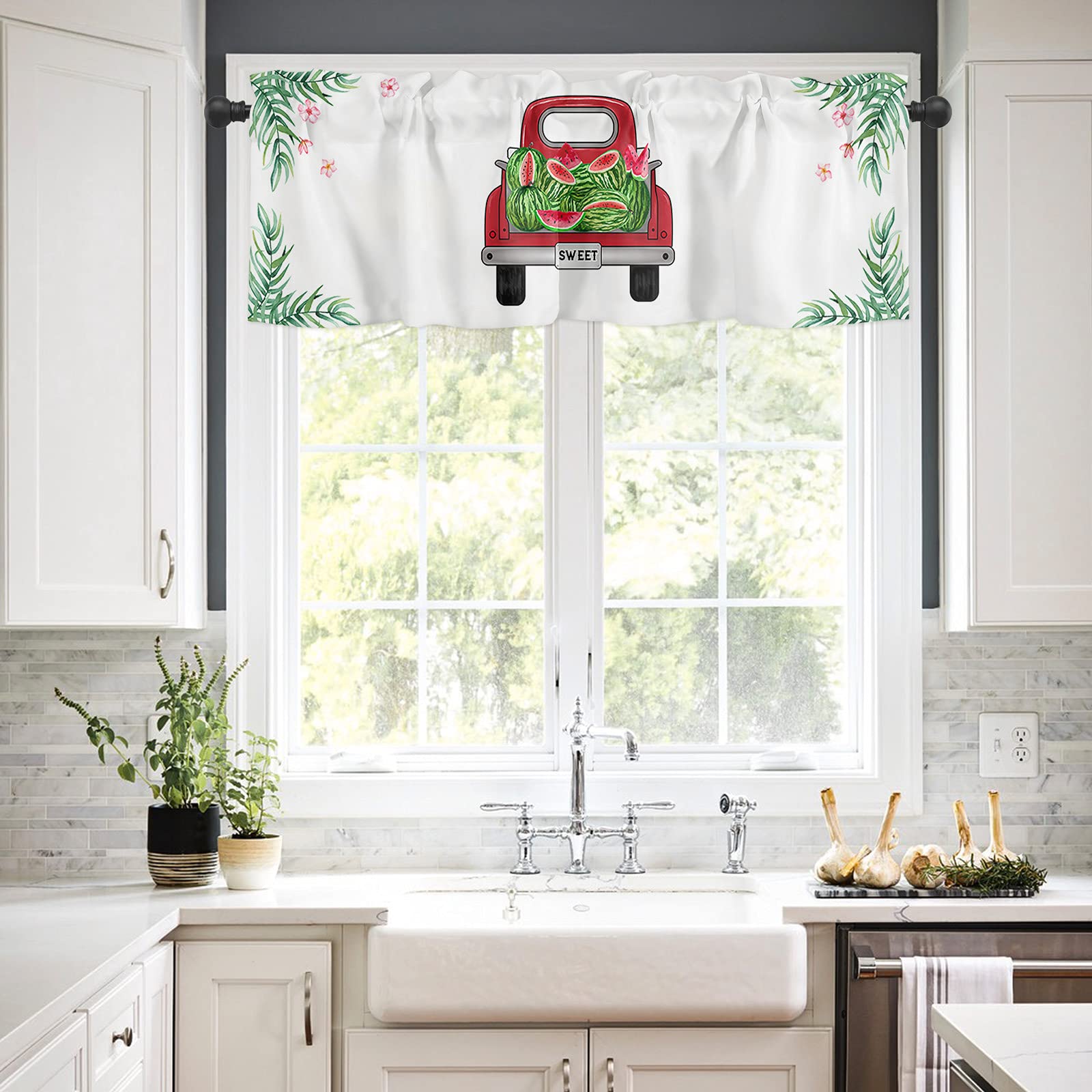 Red Truck with Watermelon Summer Kitchen Curtains Set - 24 Inch Tier Curtains & Tropical Leaf Valances for Windows, Living Room, Bedroom | Farmhouse Decor, Seasonal Home Accents