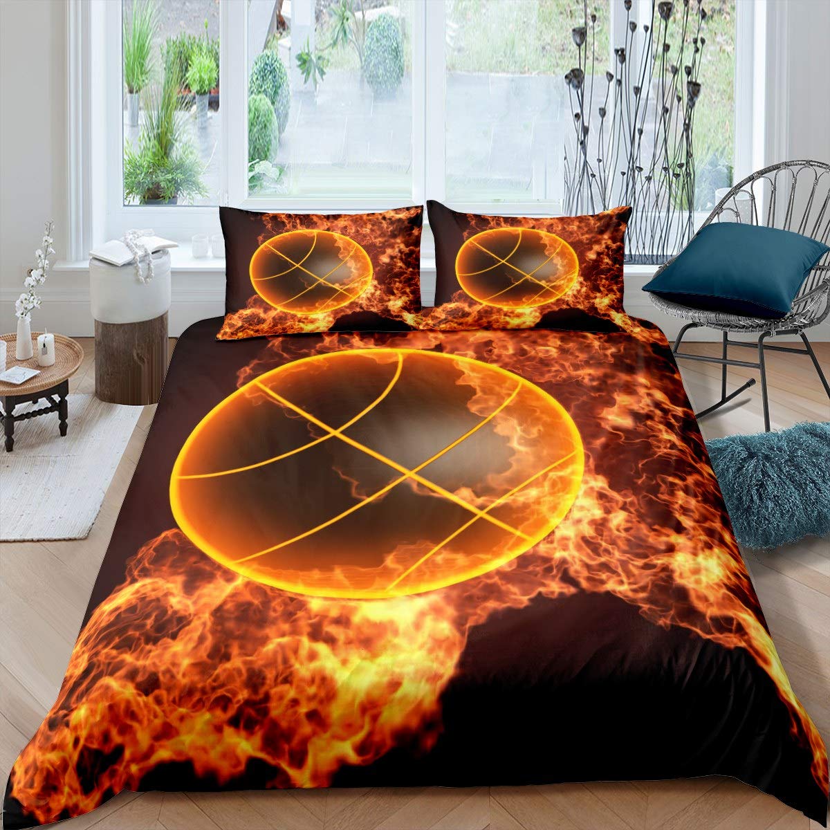 Basketball Duvet Cover Set - 3D Sports Theme Bedding for Kids, Boys & Girls - Twin Size 2-Piece Comforter Cover with Basketball in Fire Design - Perfect for Teen Bedrooms, Game Rooms & Sports-Themed Decor