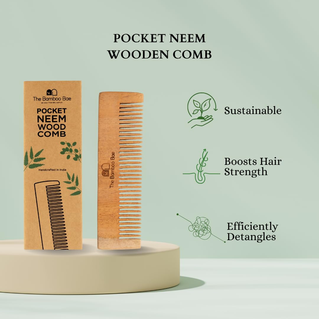 Bamboo Bae Handmade Neem Wood Comb - 5 Inch Pocket Size for Travel, Detangling & Scalp Massage - Perfect for Home, Office & On-The-Go Hair Care