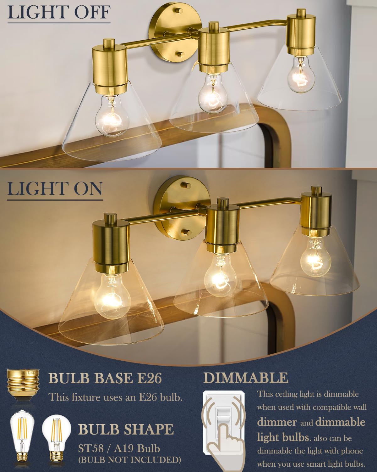 LMS Gold Bathroom Vanity Light Fixtures - 3 Light Modern Bathroom Sconce with Clear Glass Shade, LMS-108 - Perfect for Bathroom, Powder Room and Dressing Room Lighting